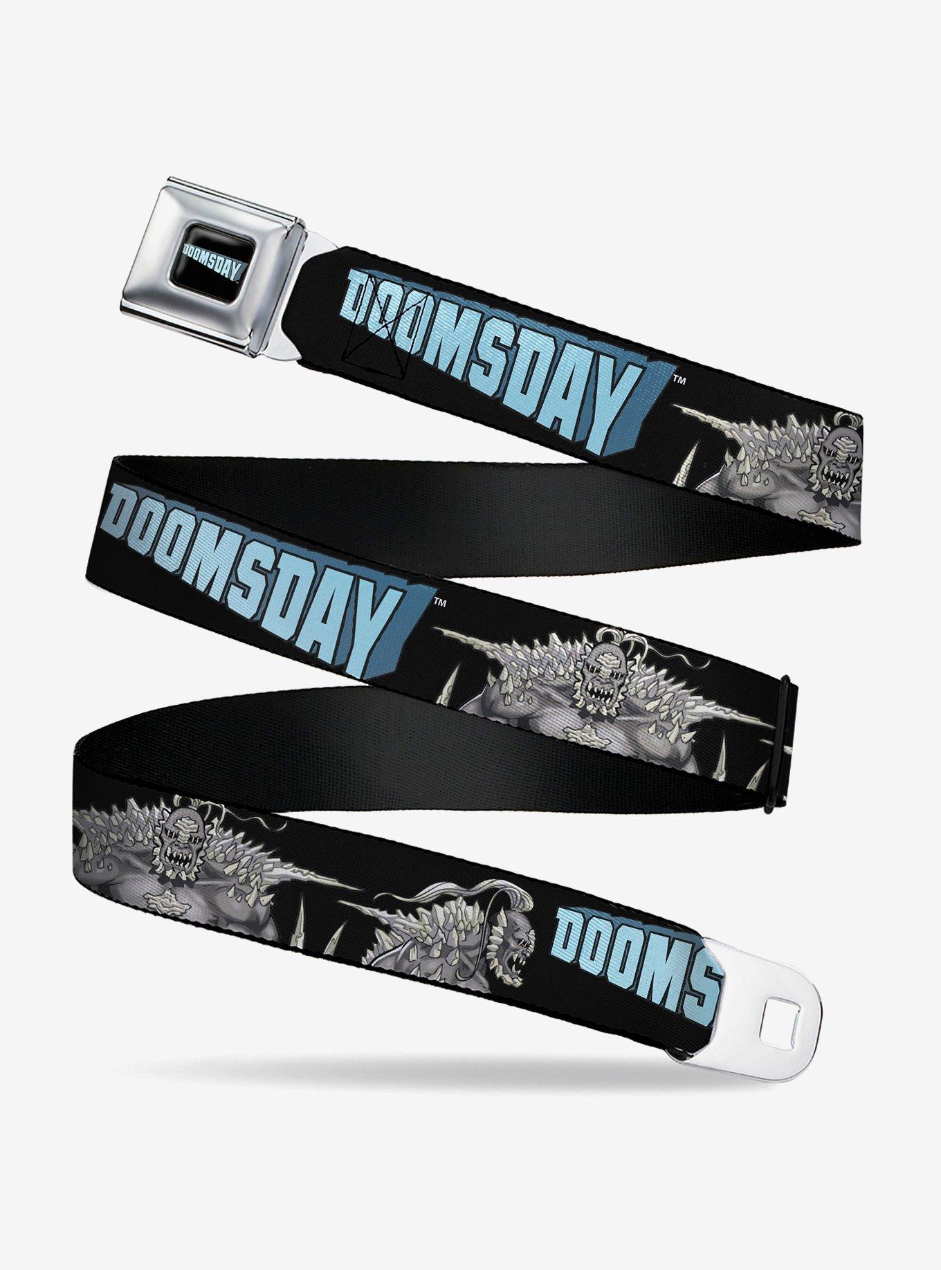 DC Comics Superman Villain Doomsday and Title Logo Black Youth Seatbelt Buckle Belt