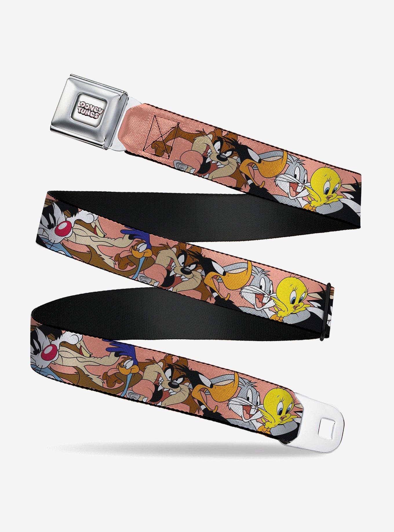 Looney Tunes Seven Character Poses Stacked Peach Seatbelt Buckle Belt, , hi-res