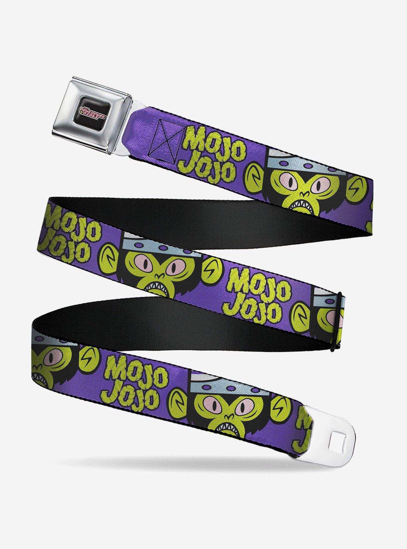 The Powerpuff Girls Mojo Jojo Face Close Up And Text Purple Green Seatbelt Buckle Belt, , hi-res