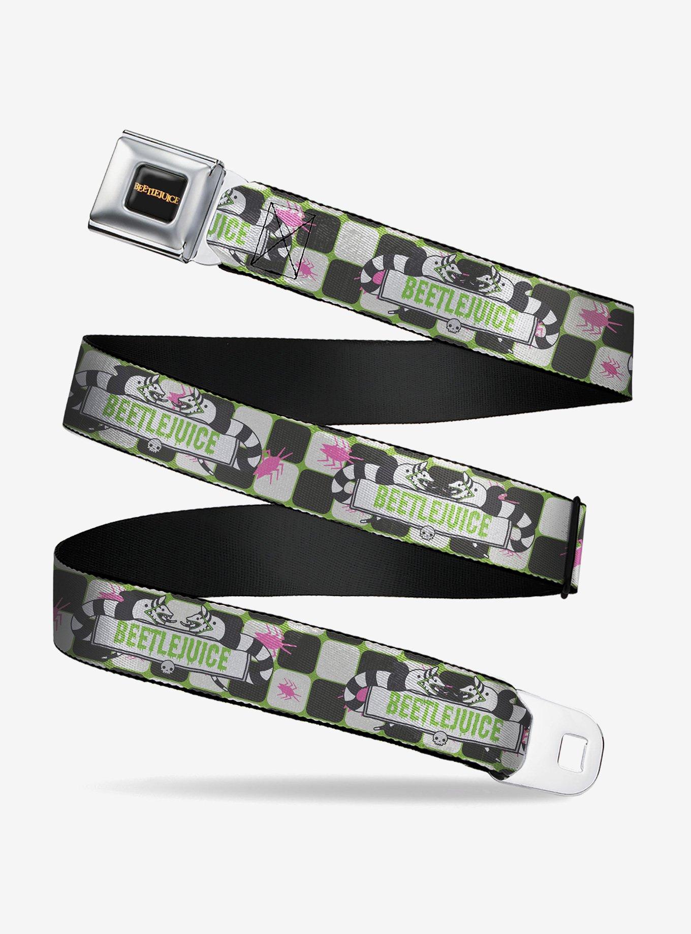 Beetlejuice Sandworms with Spiders and Logo Green Seatbelt Buckle Belt