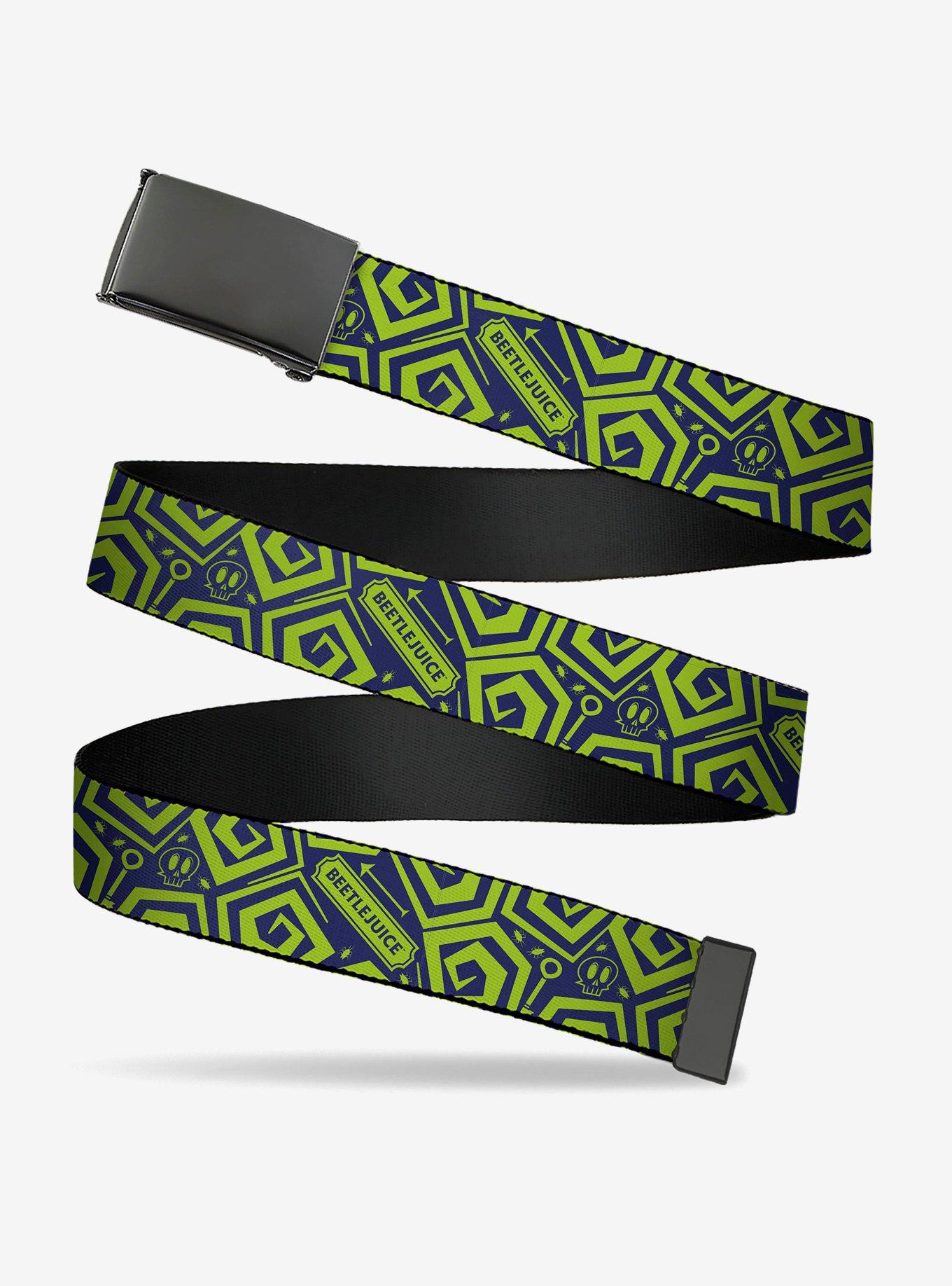 Beetlejuice Title and Icons Collage Green Clamp Buckle Belt, , hi-res