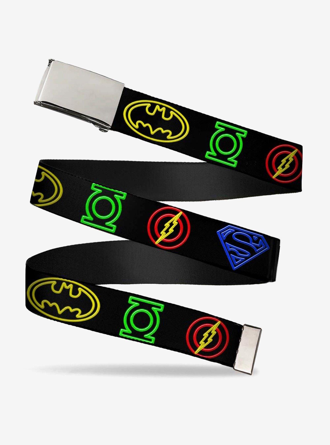 DC Comics Justice League Electric Logos Multi Neon Clamp Buckle Belt, , hi-res