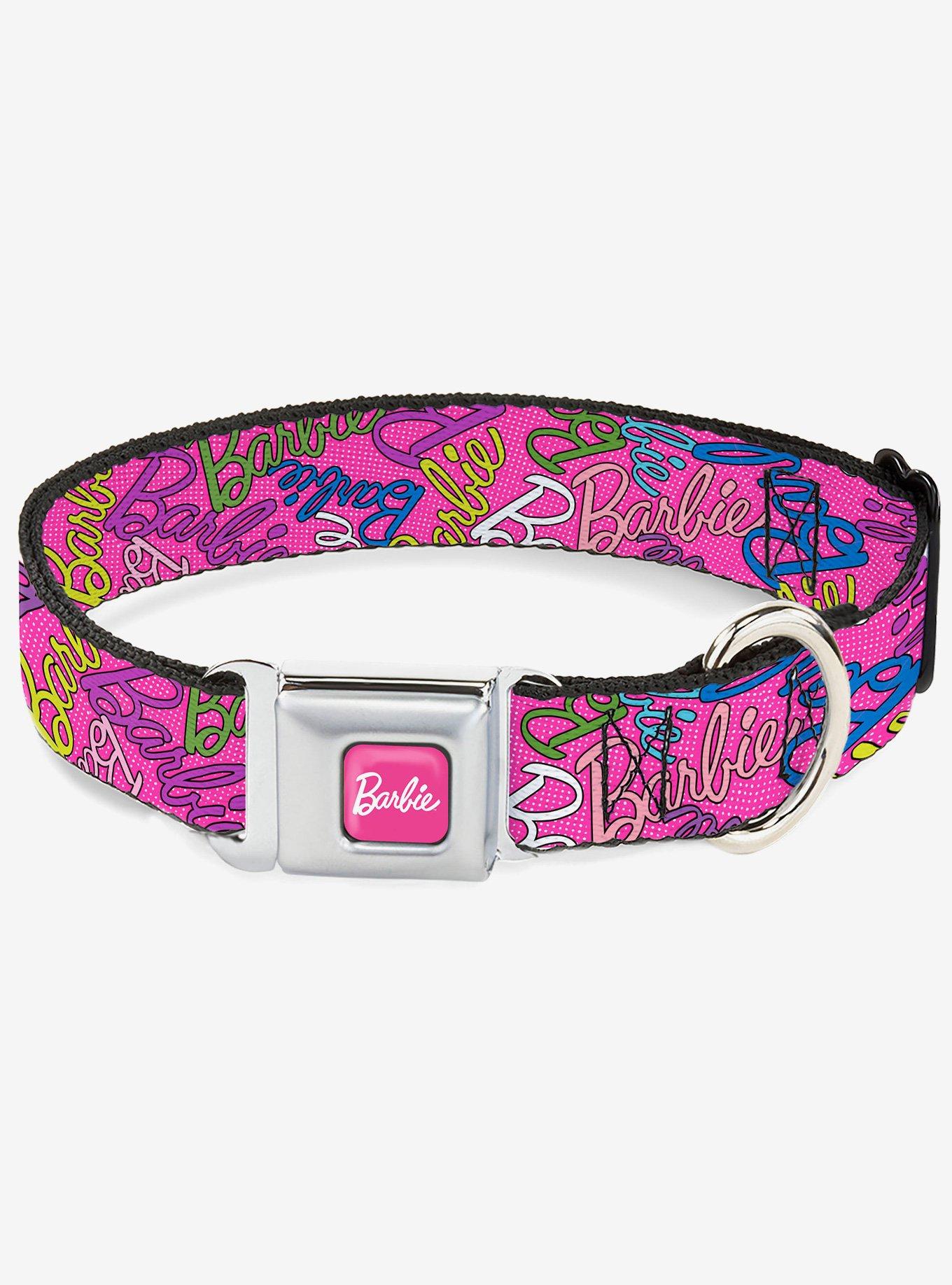 Barbie Script Signature Scattered Pink Multi Seatbelt Buckle Dog Collar, , hi-res