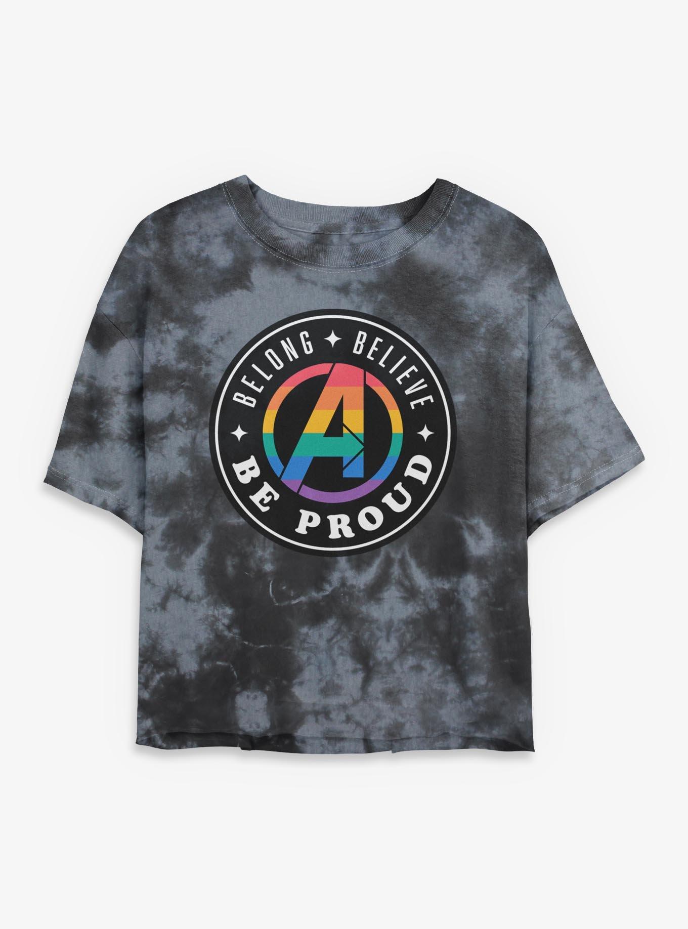 Marvel Avengers Logo Belong Believe Be Proud Womens Tie-Dye Crop T-Shirt, , hi-res