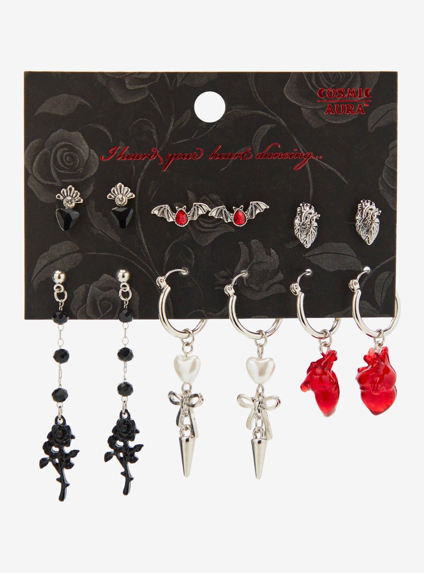 Cosmic Aura Black Rose Heart Vampire Earring Set
