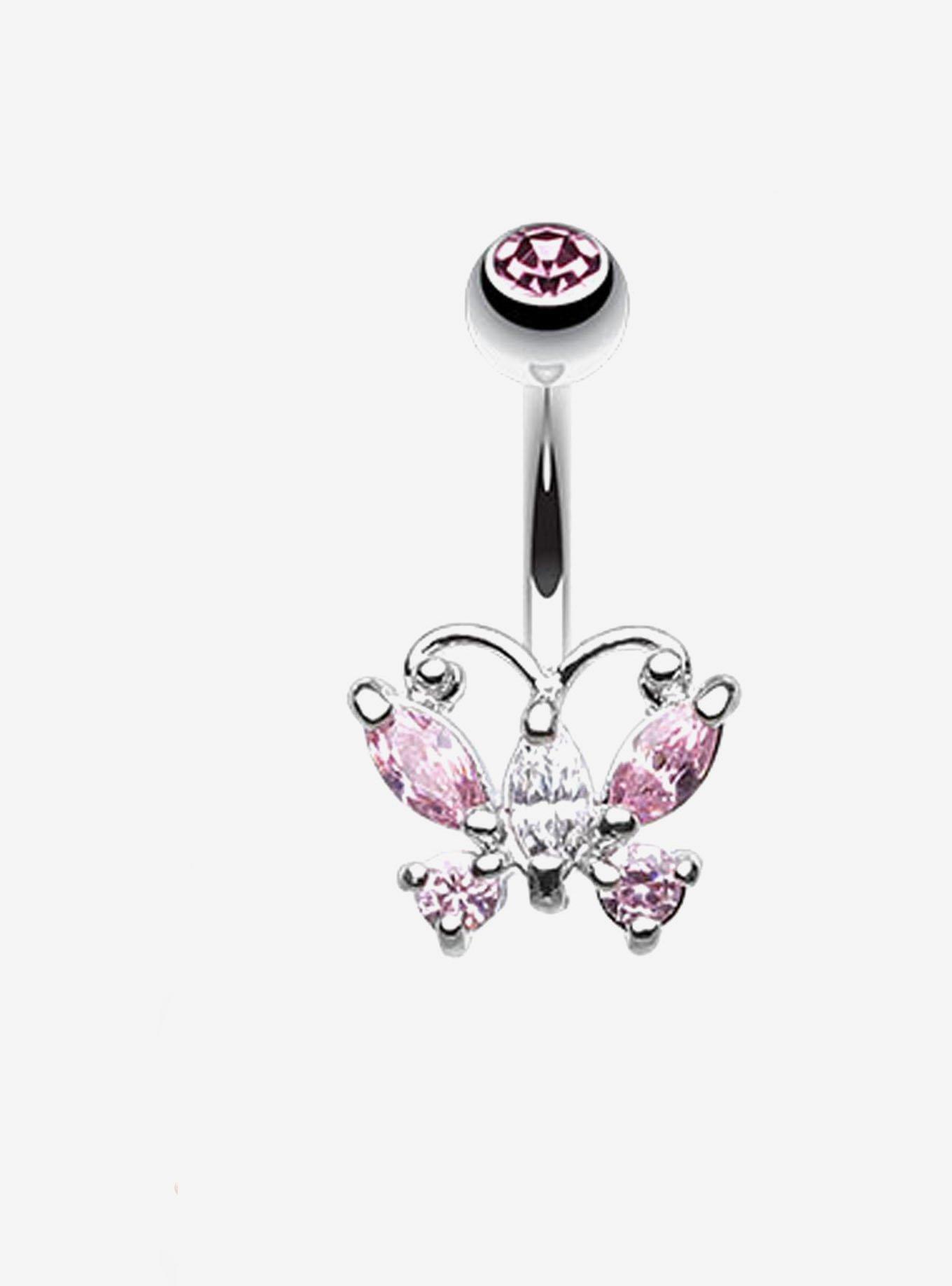 Steel Pink Bling Butterfly Navel Barbell, , hi-res
