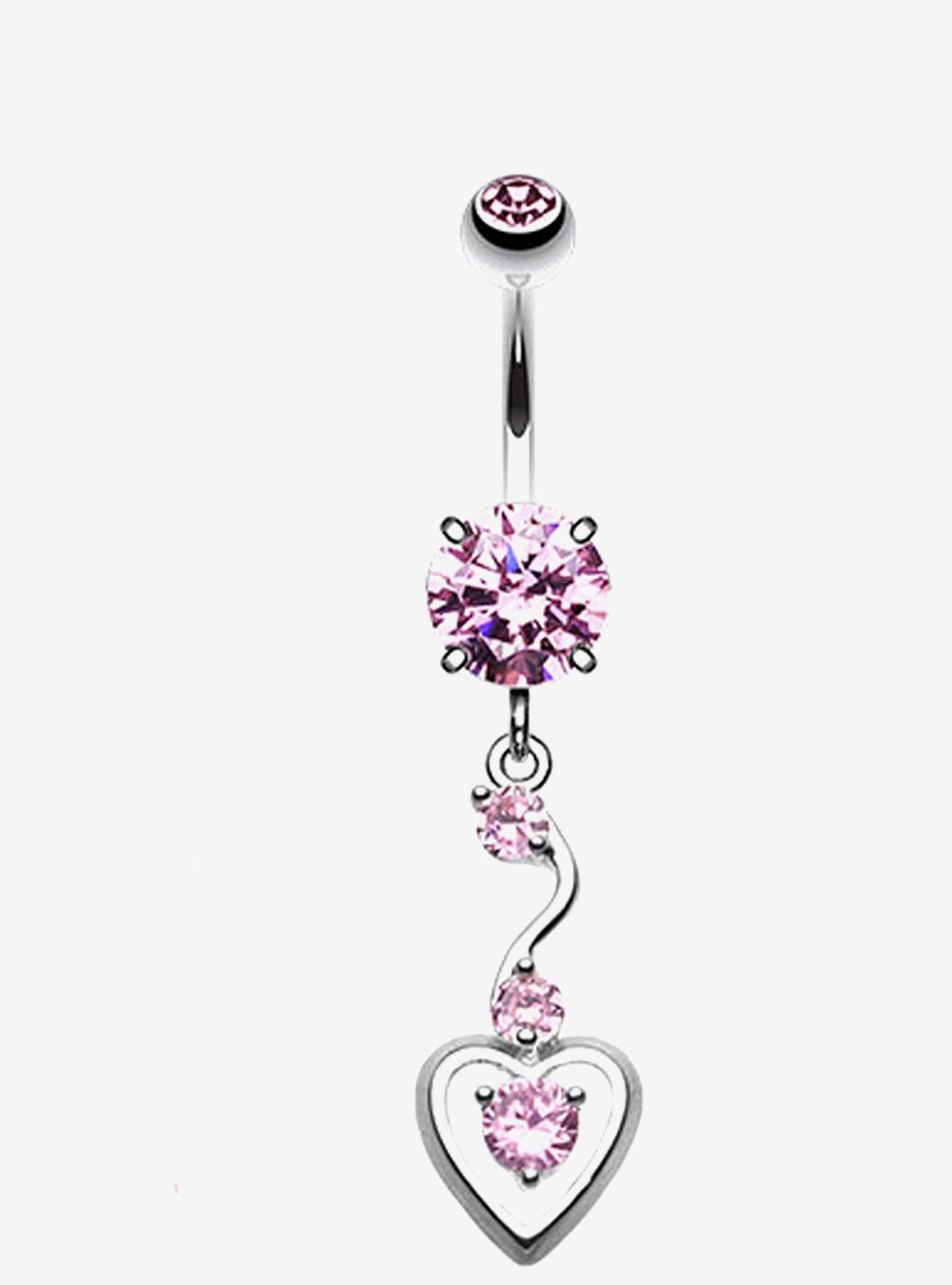 Steel Pink Heart Navel Barbell, , hi-res
