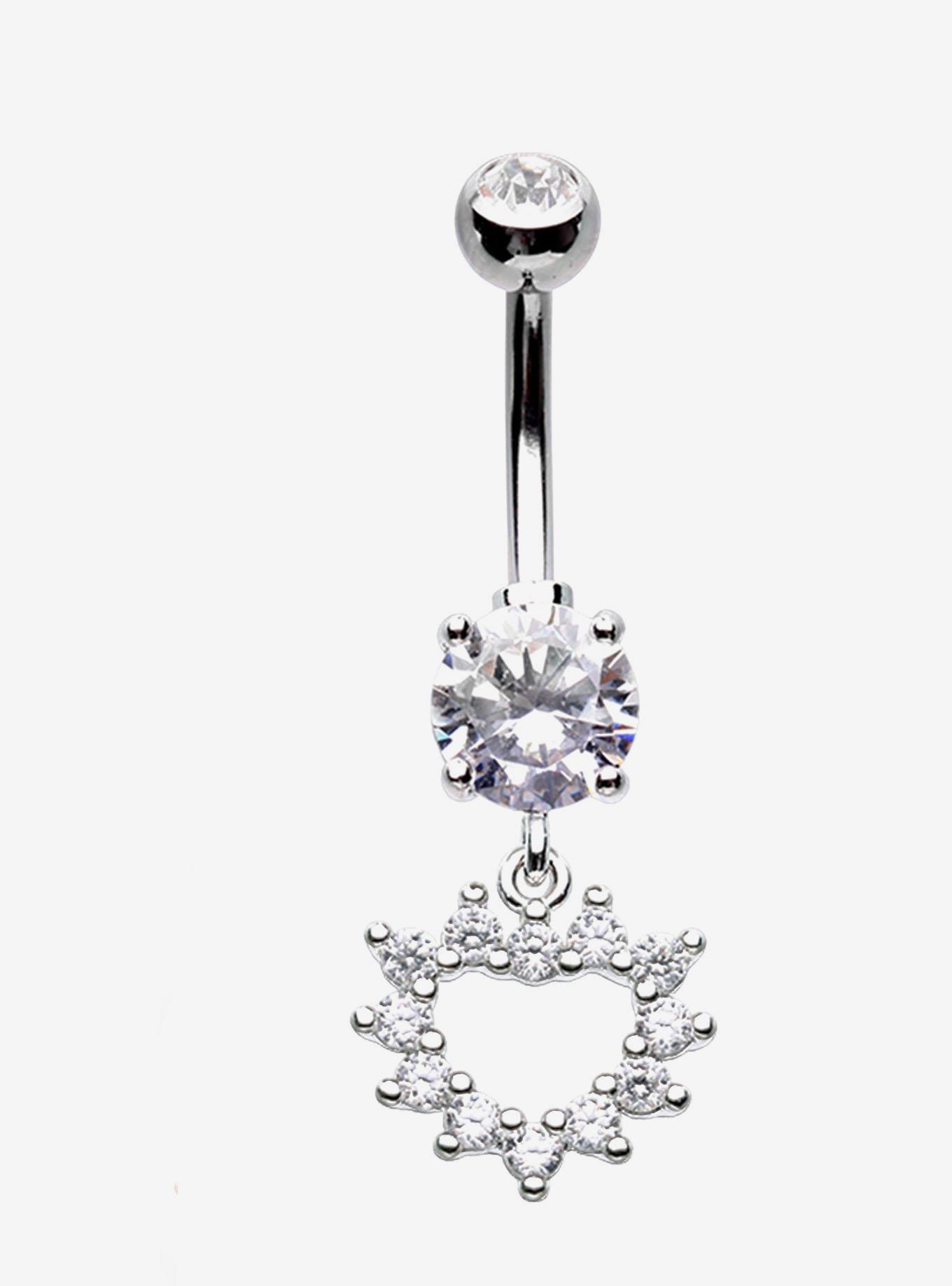 Steel CZ Heart Navel Barbell, , hi-res