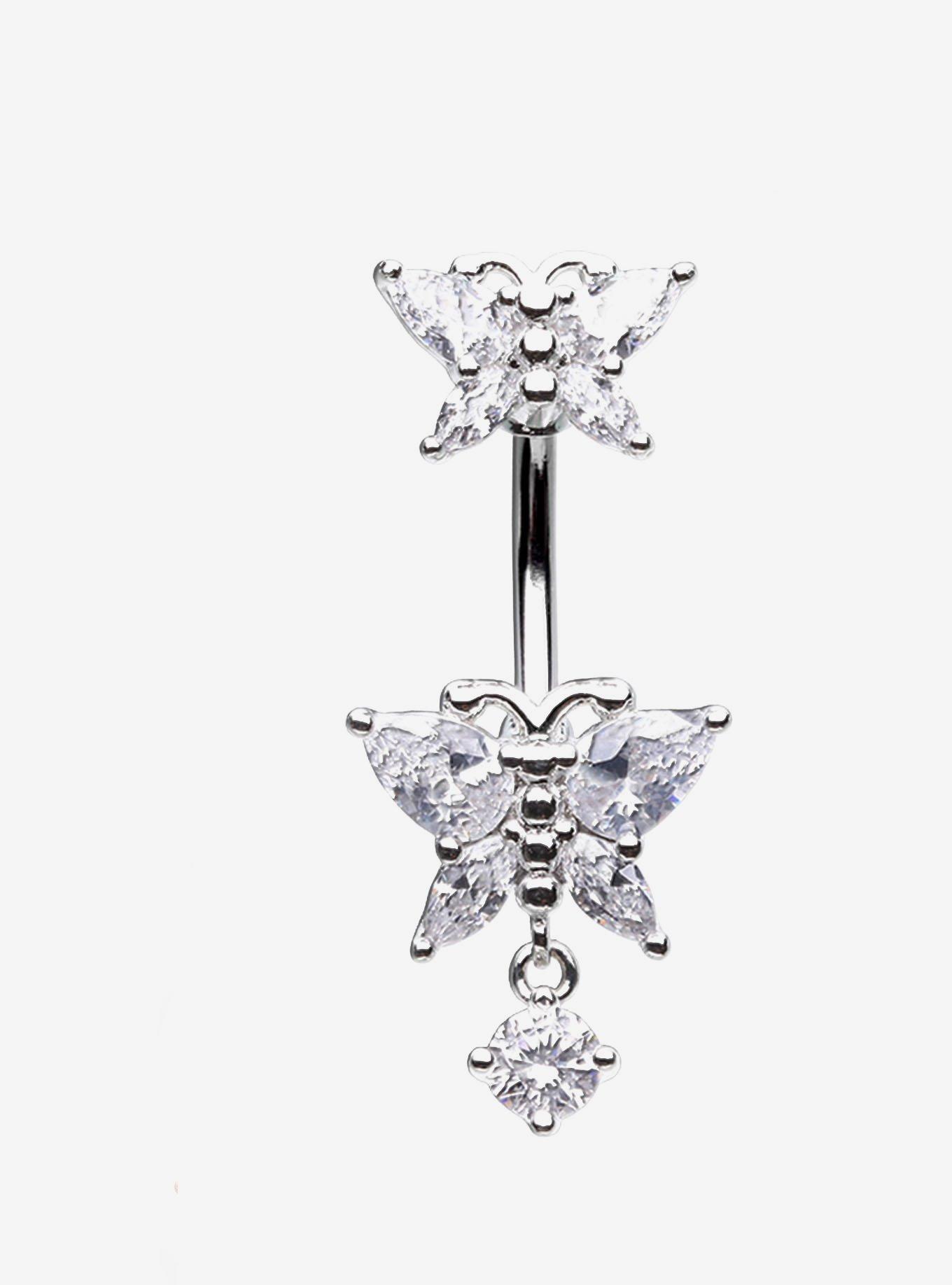 Steel Bling Double Butterfly Navel Barbell, , hi-res
