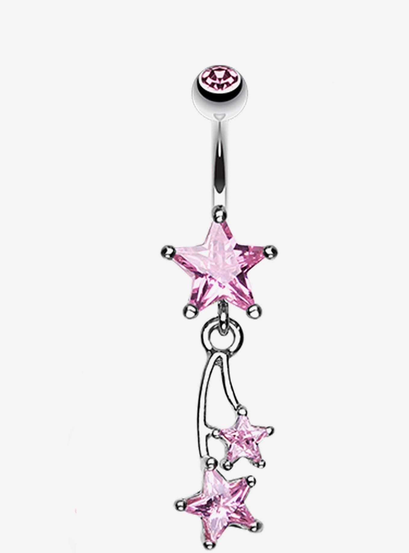 Steel Pink Dangle Star Navel Barbell, , hi-res