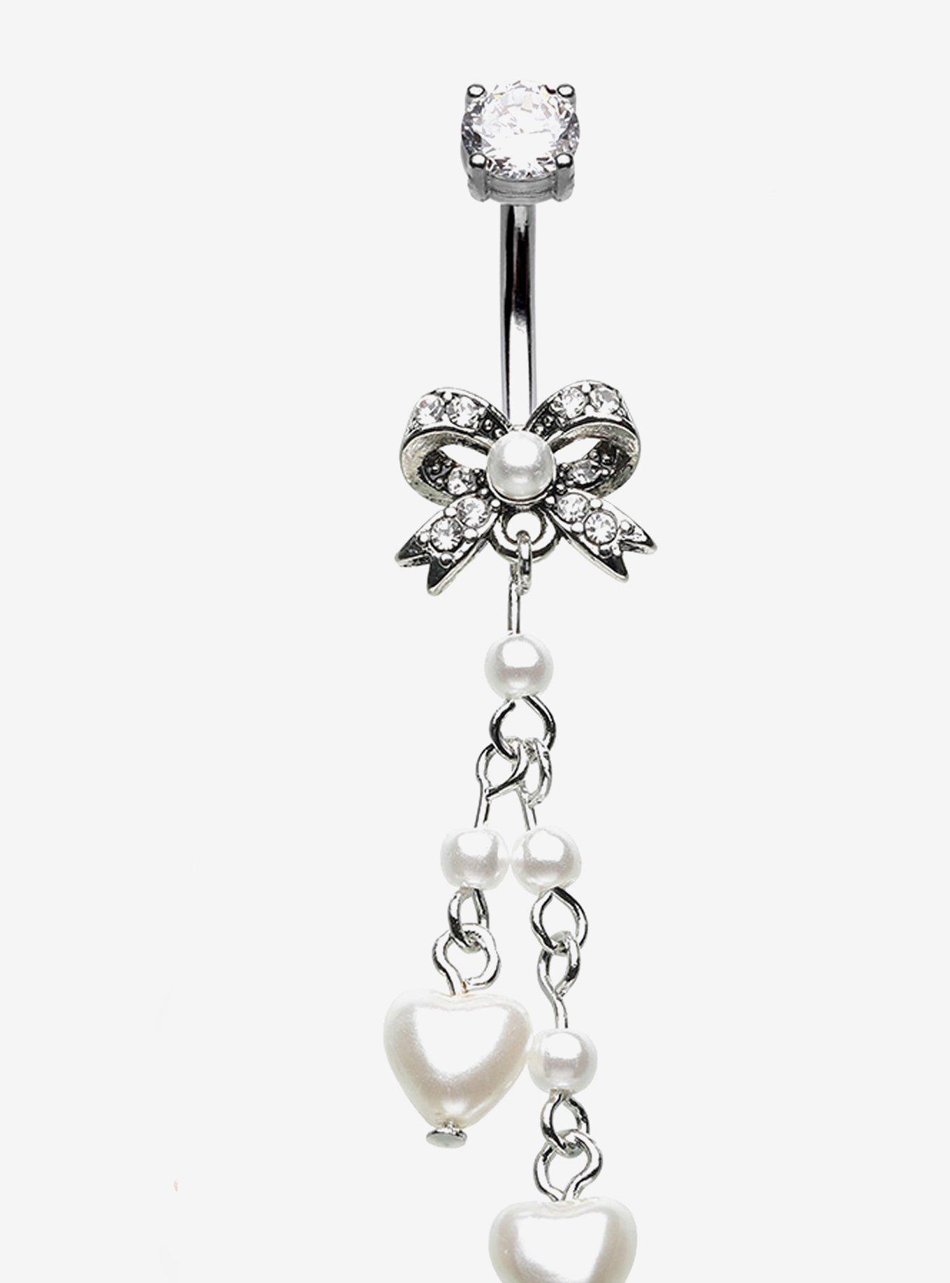 Steel Bow Pearl Heart Navel Barbell, , hi-res