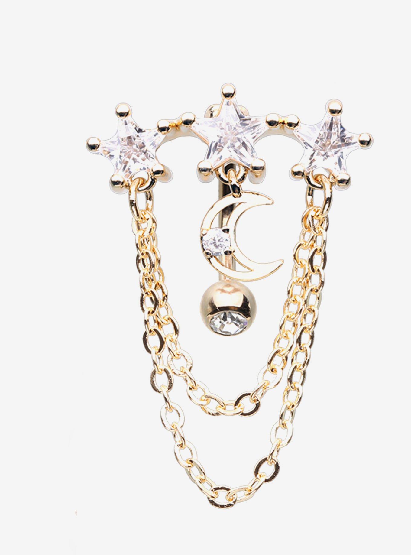 Steel Celestial Star Chain Navel Barbell, , hi-res