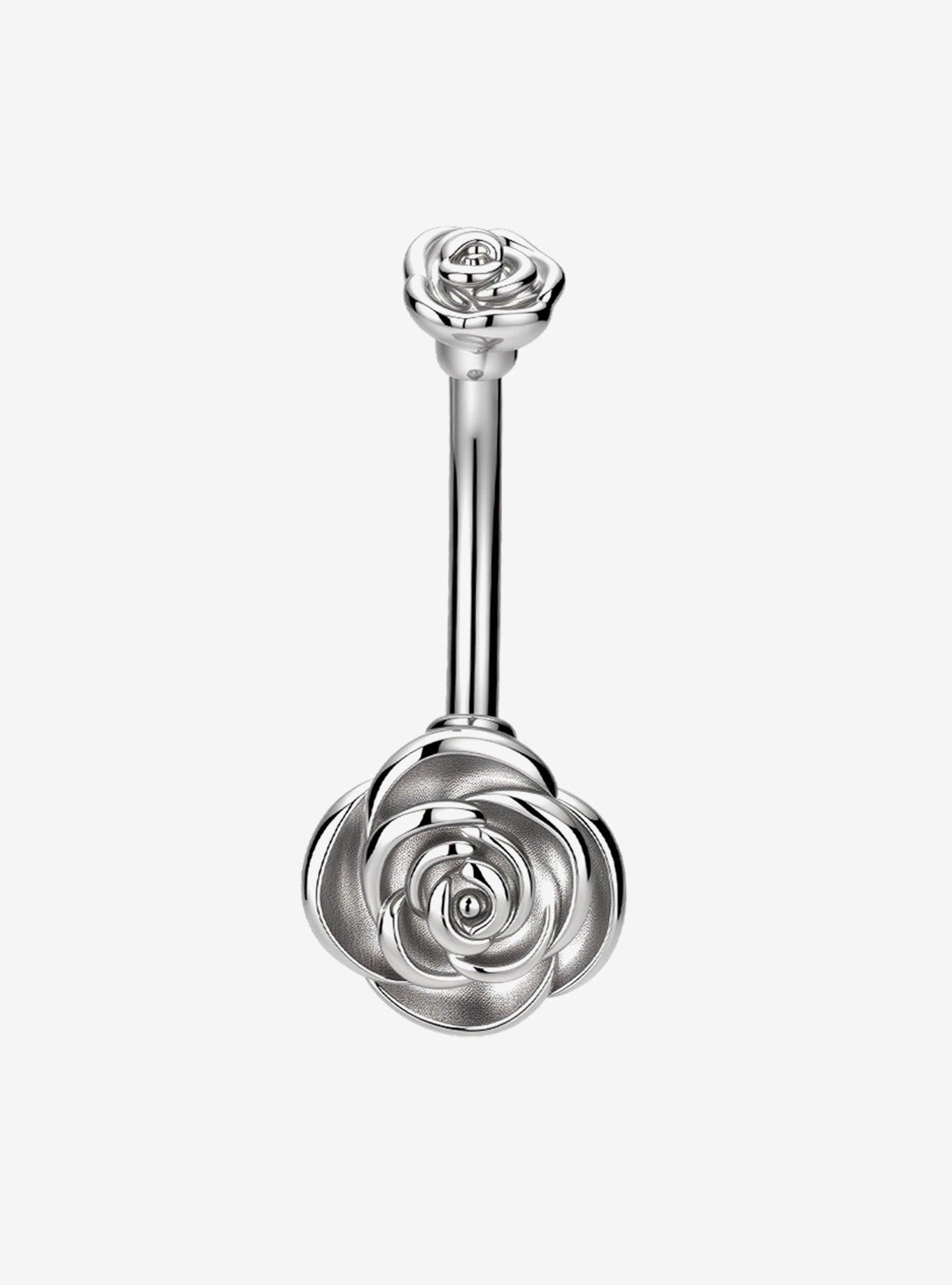 Steel Silver Rose Navel Barbell, , hi-res