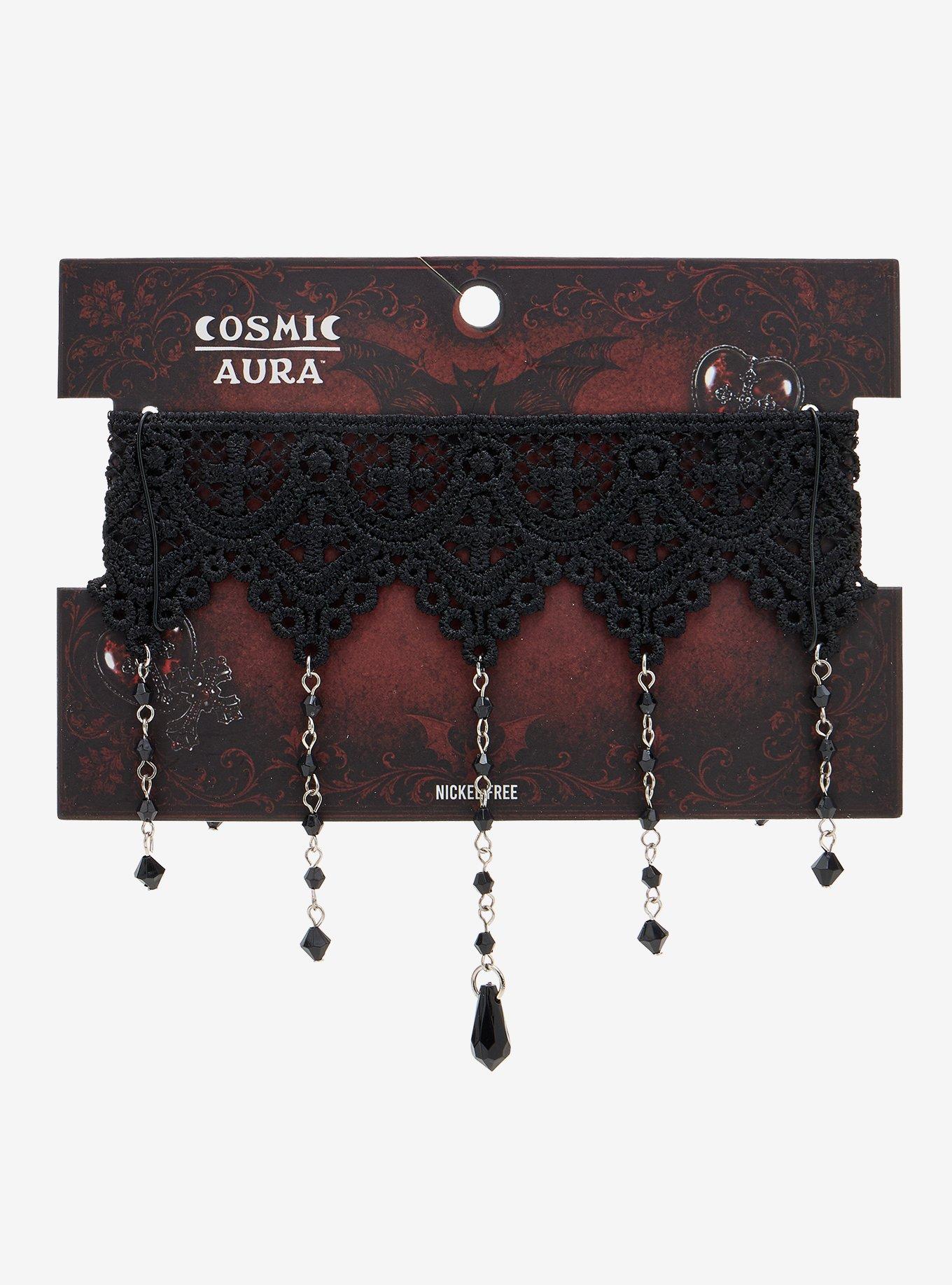 Cosmic Aura Black Lace Bead Drop Embroidered Choker