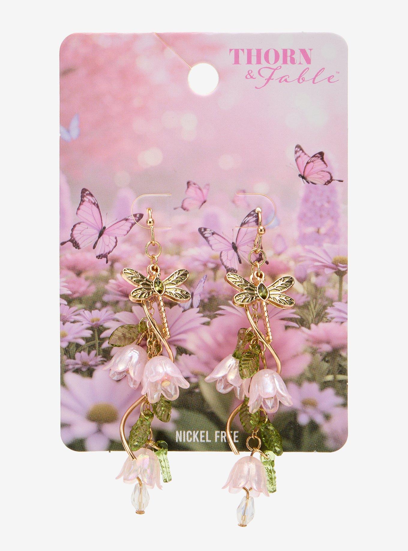 Thorn & Fable Dragonfly Floral Drop Earrings