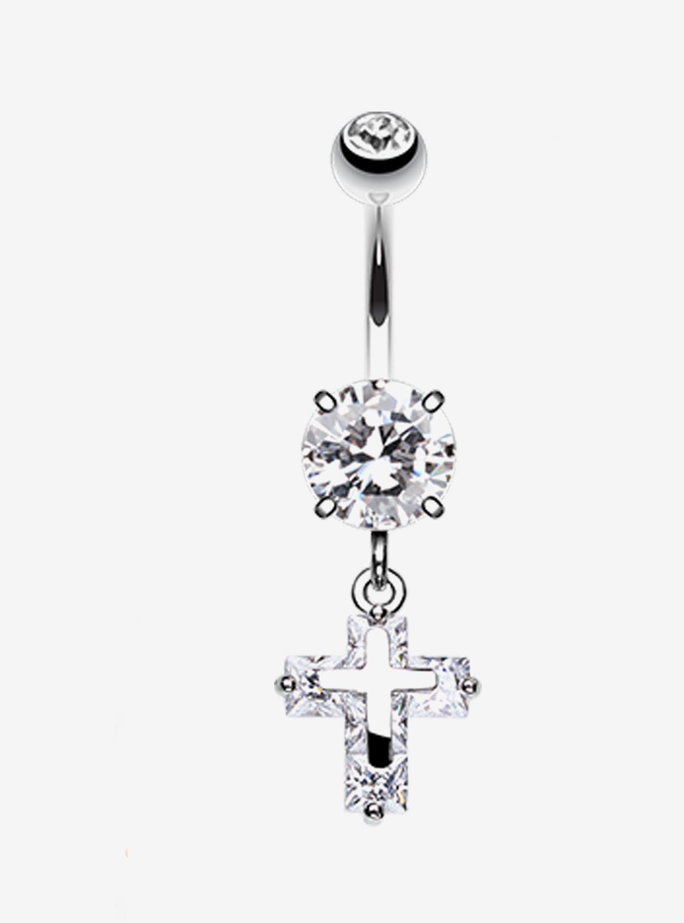 Steel Bling Cross Navel Barbell, , hi-res
