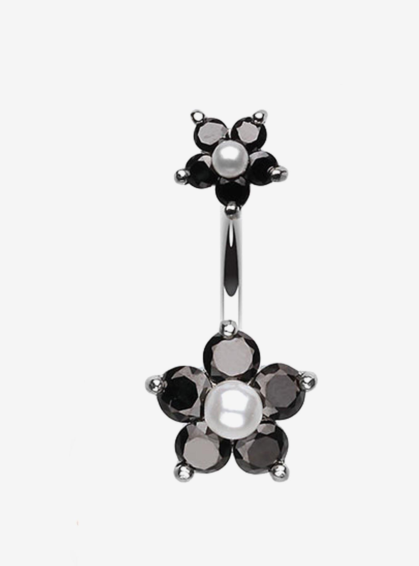 Steel Black Flower Navel Barbell, , hi-res