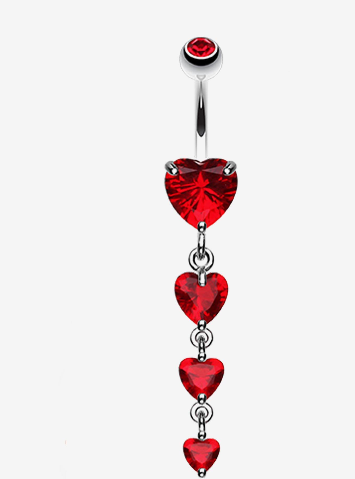 Steel Dangling Red Heart Gem Navel Barbell