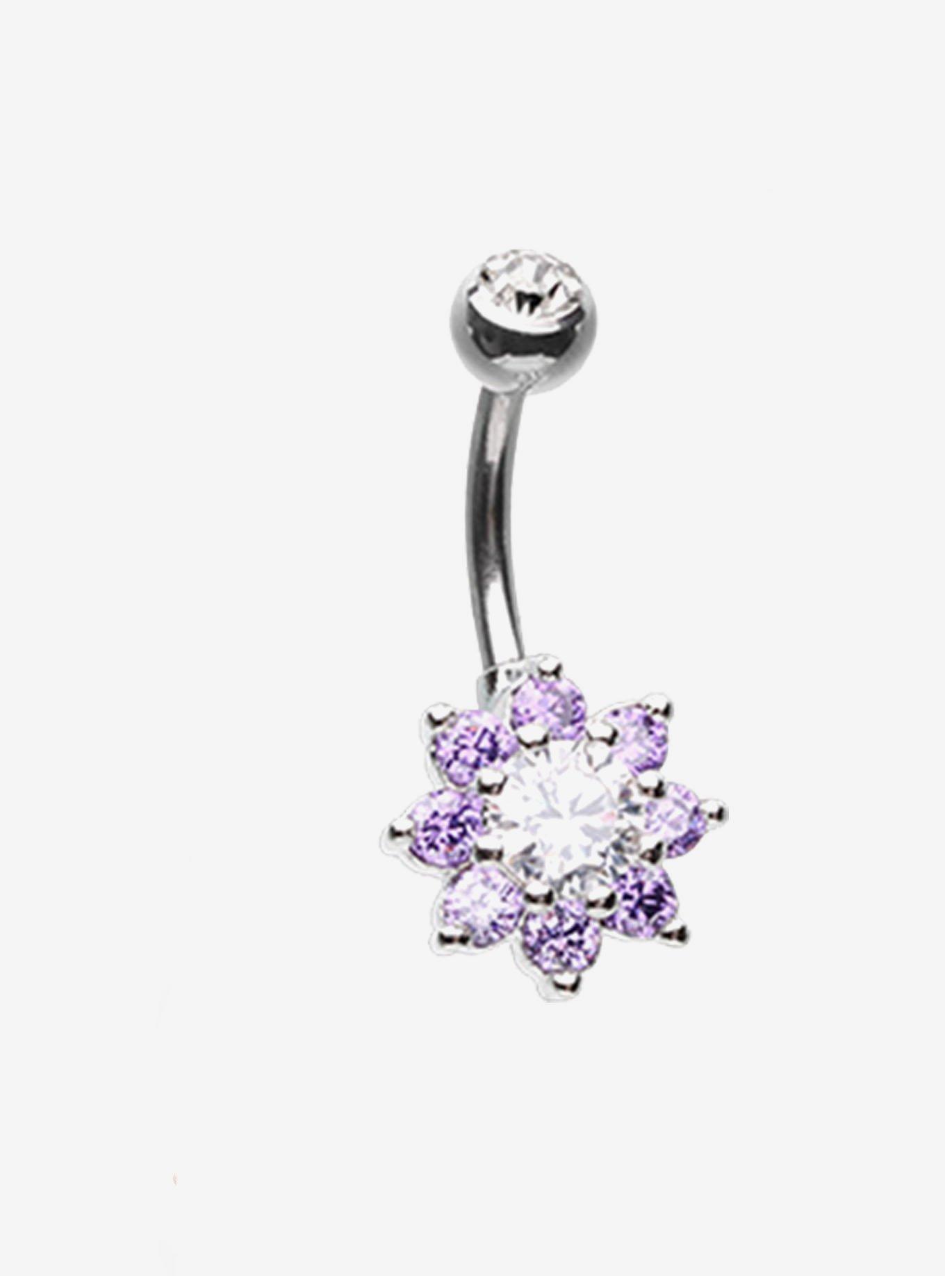 Steel Purple Flower Navel Barbell, , hi-res
