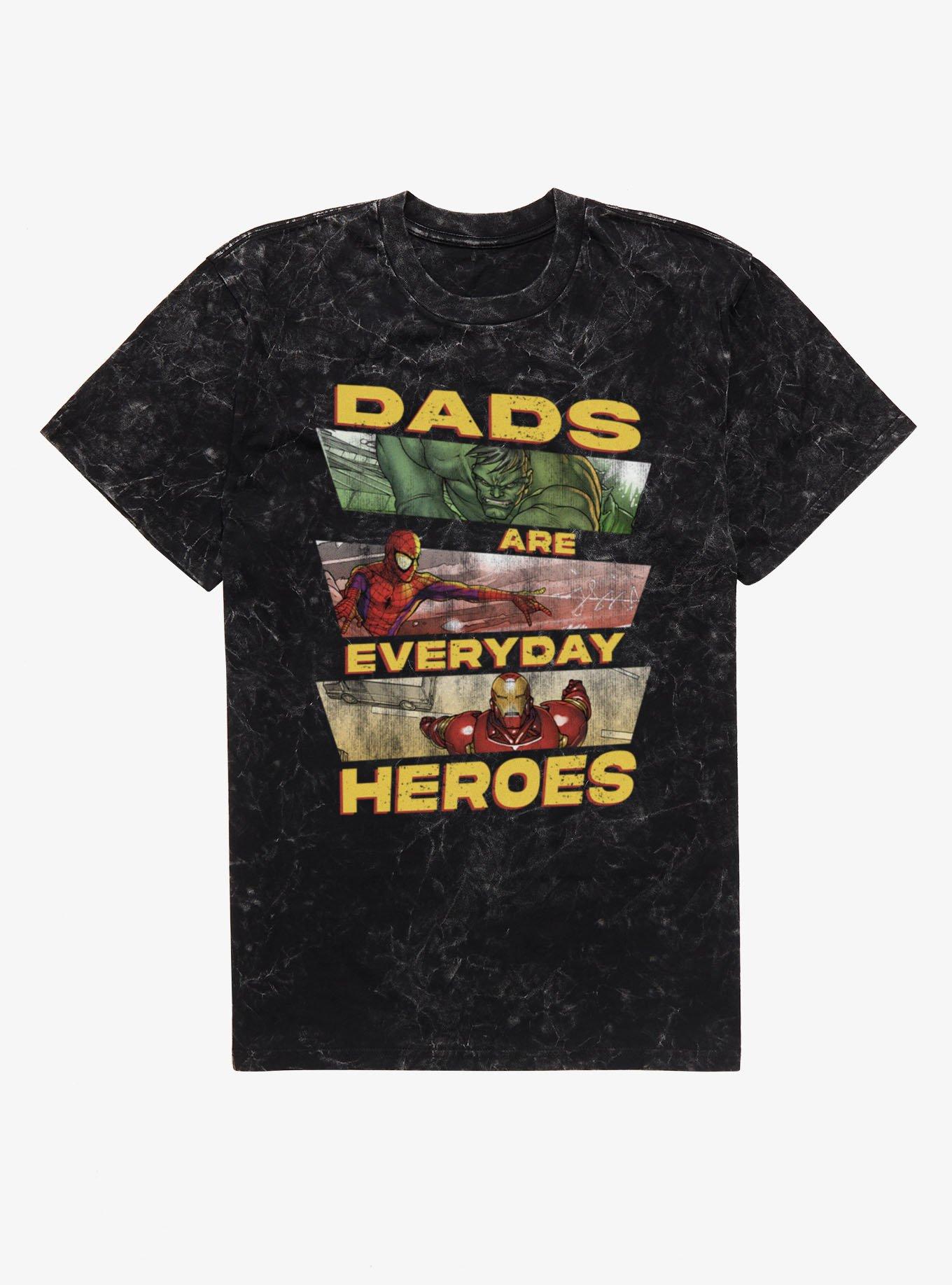 Marvel Comics Dads Are Everyday Heroes Panel Hulk Spier-Man Iron Man Mineral Wash T-Shirt, , hi-res