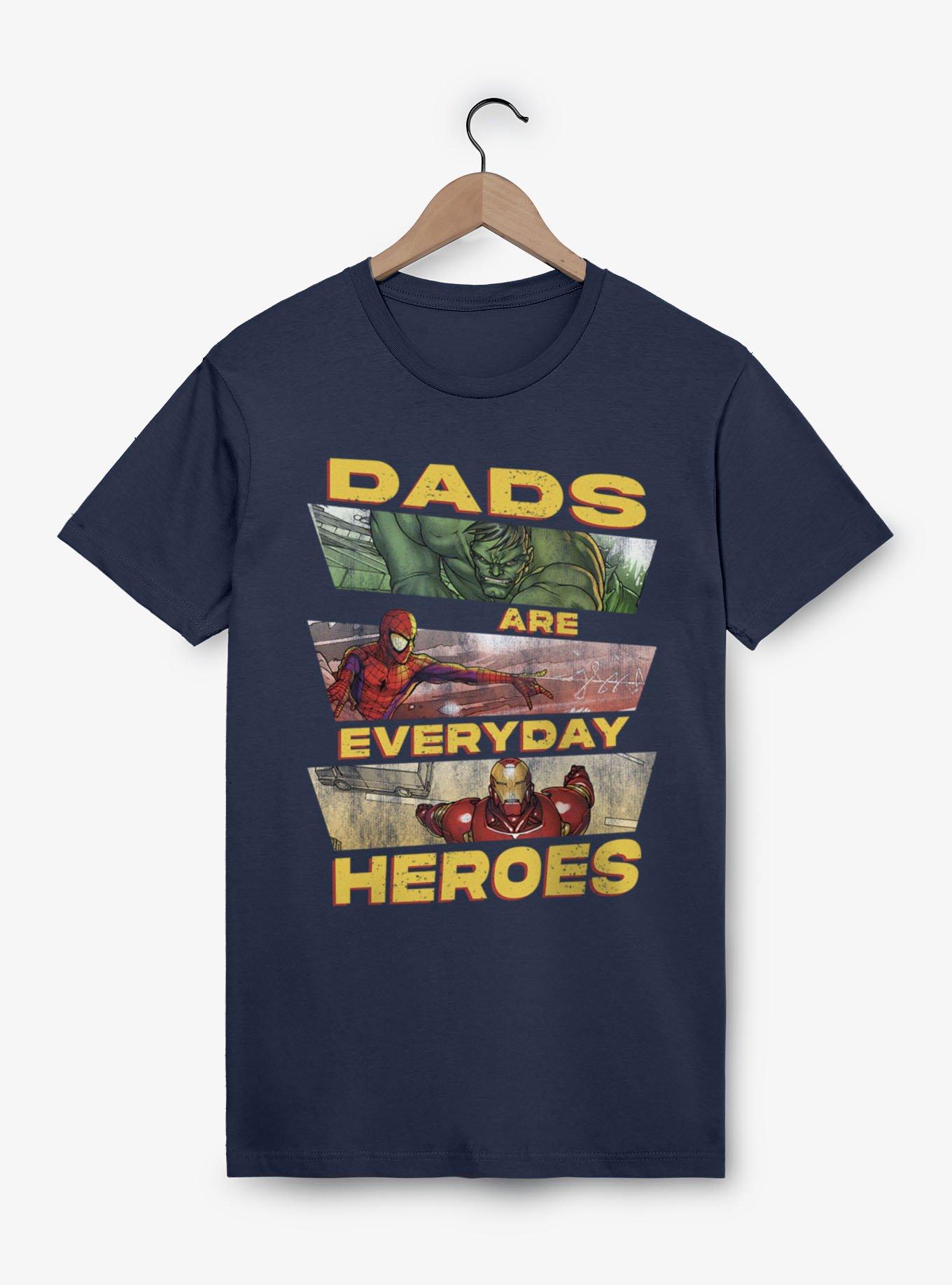Marvel Comics Dads Are Everyday Heroes Panel Hulk Spier-Man Iron Man T-Shirt, , hi-res
