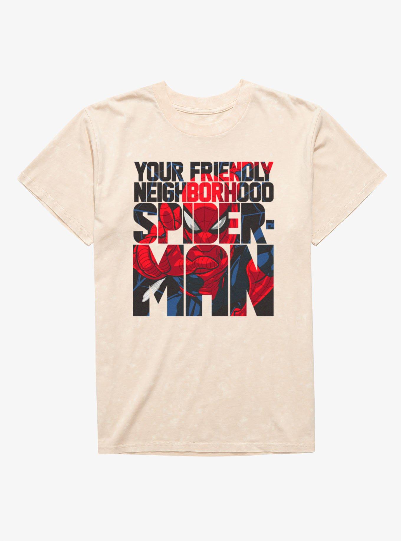 Marvel Spider-Man Friendly Neighbor Text Fill Mineral Wash T-Shirt, , hi-res