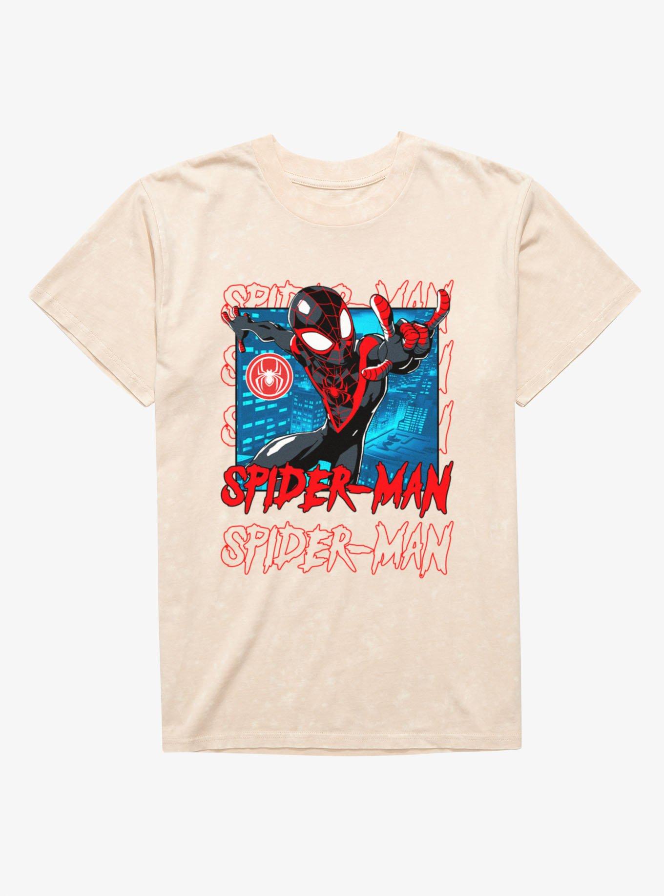 Marvel Spider-Man Name Stack On Blue City Miles Morales Mineral Wash T-Shirt