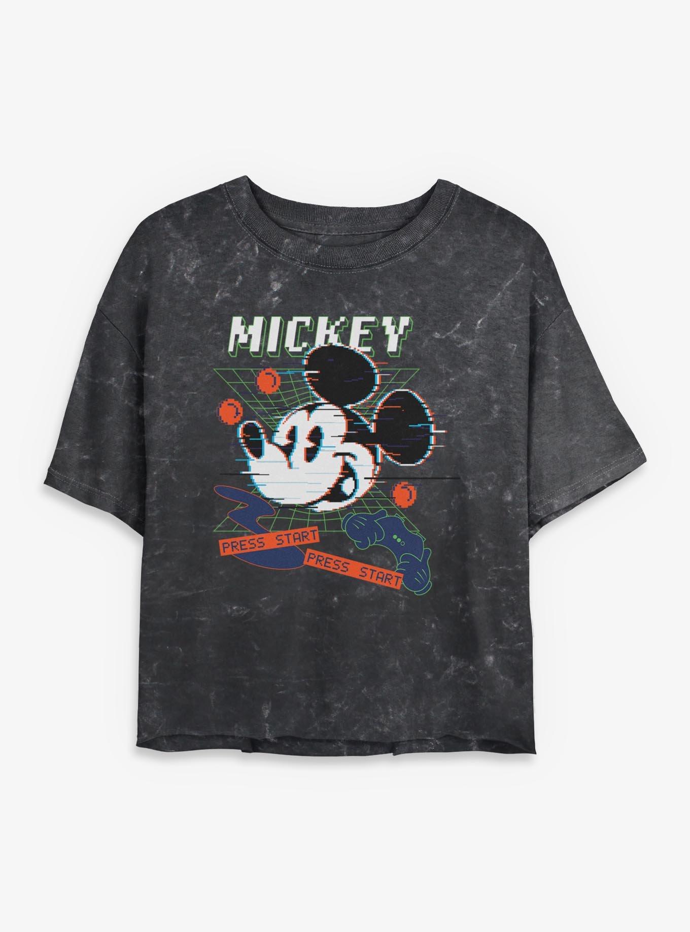 Disney Mickey Mouse Press Start Mineral Wash Womens Crop T-Shirt, BLACK, hi-res view 1