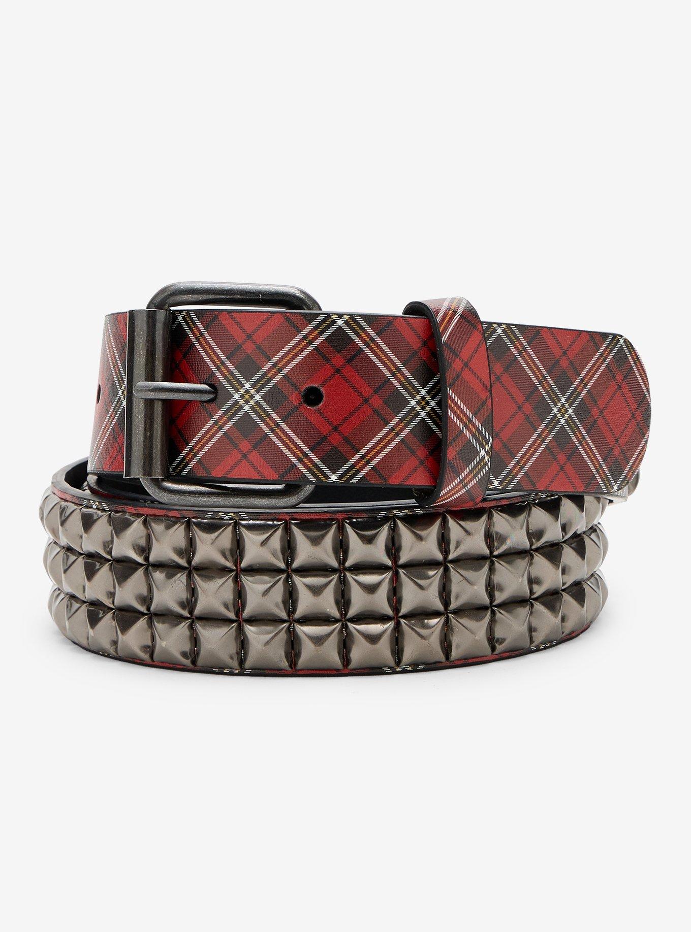 Red Plaid 3 Row Pyramid Stud Belt