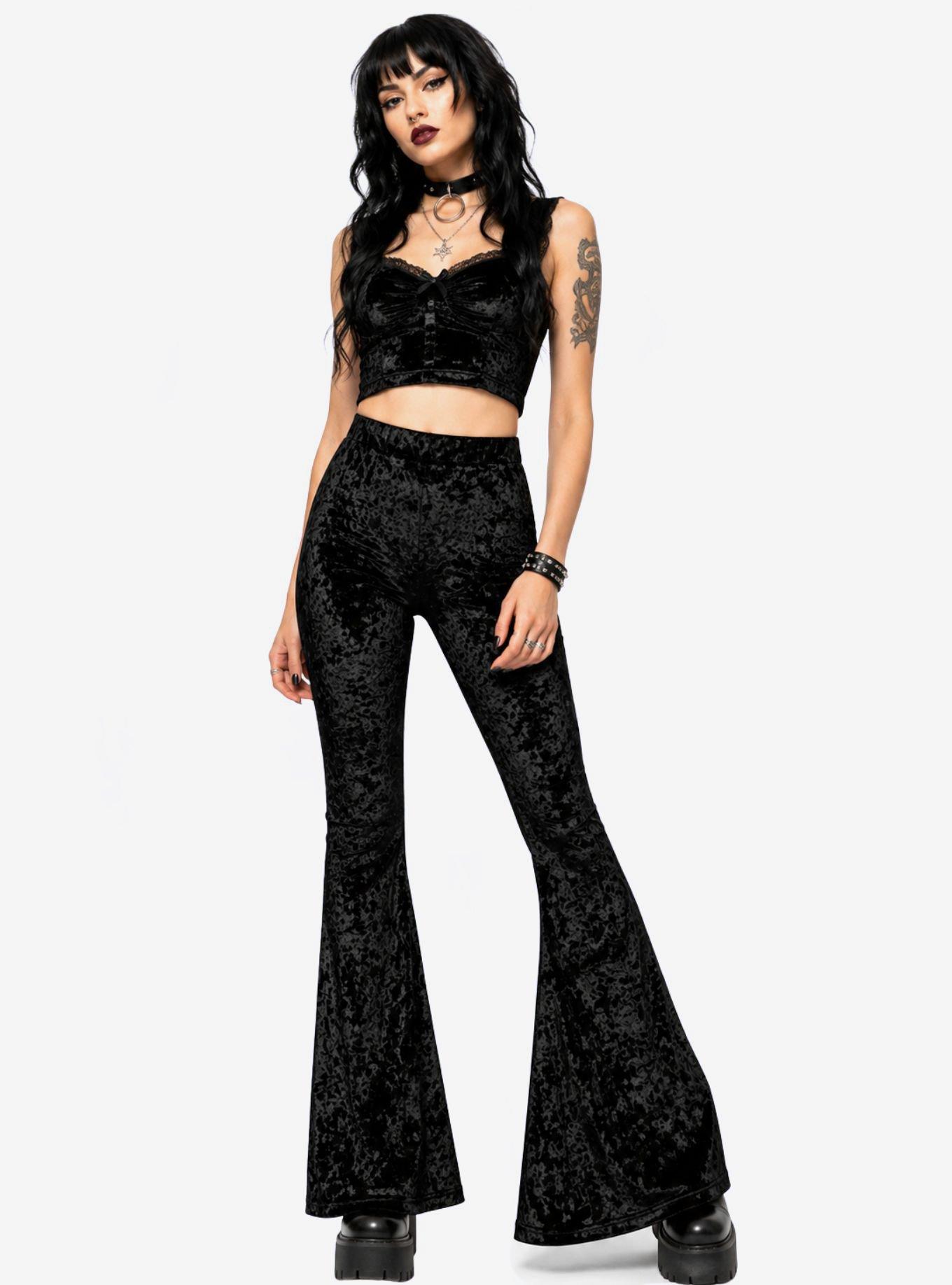 Black Crushed Velvet High Waisted Bell Bottoms Flare Pants, , hi-res