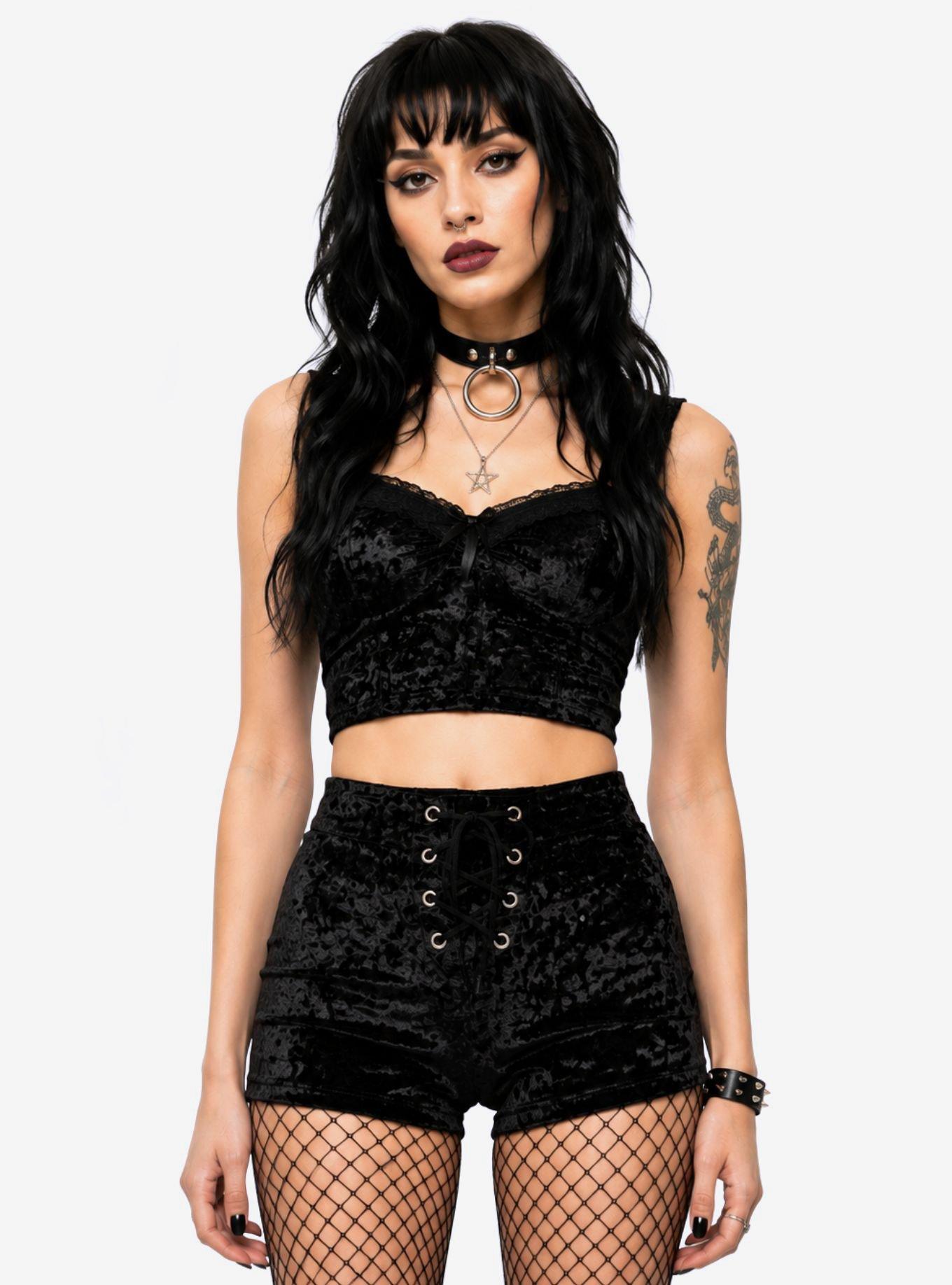 Black Velvet Lace Up High Waisted Shorts, , hi-res