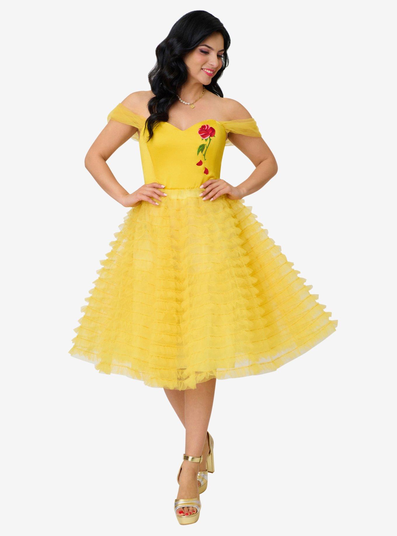 Disney Beauty and the Beast Collection by Unique Vintage Yellow Mesh Tulle Belle Swing Dress, , hi-res