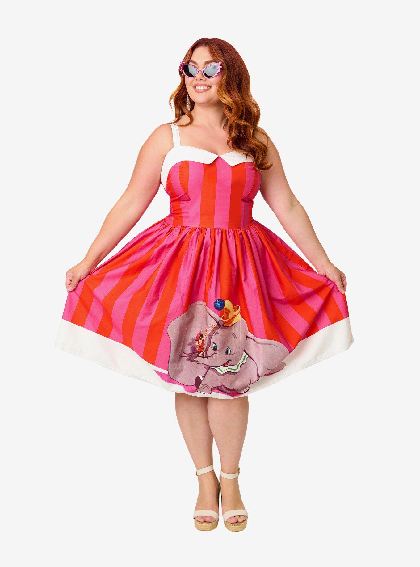 Disney Dumbo Collection by Unique Vintage Plus Size Red & Pink Stripe Dumbo Swing Dress, , hi-res