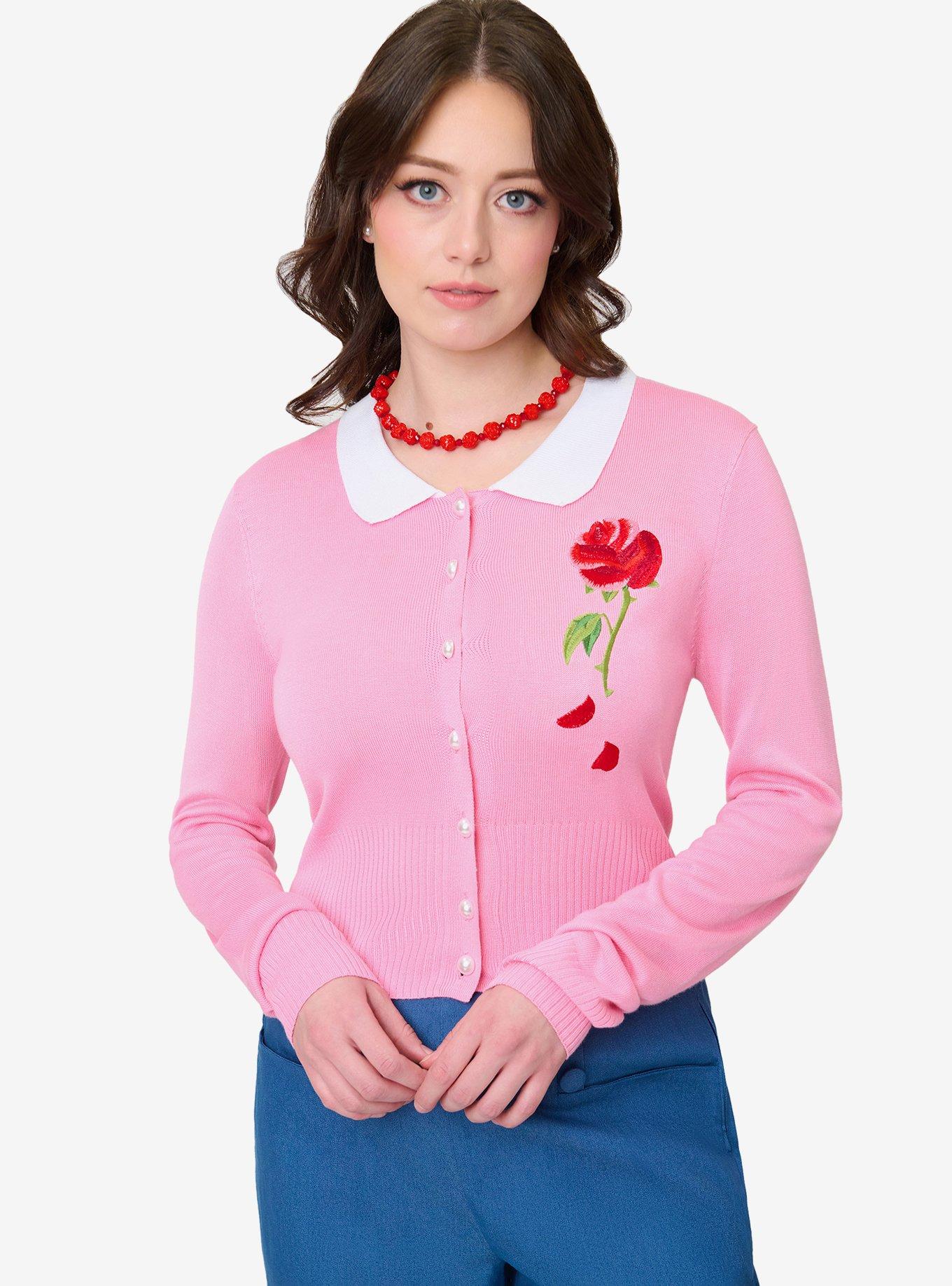 Disney Beauty and the Beast Collection by Unique Vintage Pink Rose Cardigan, , hi-res