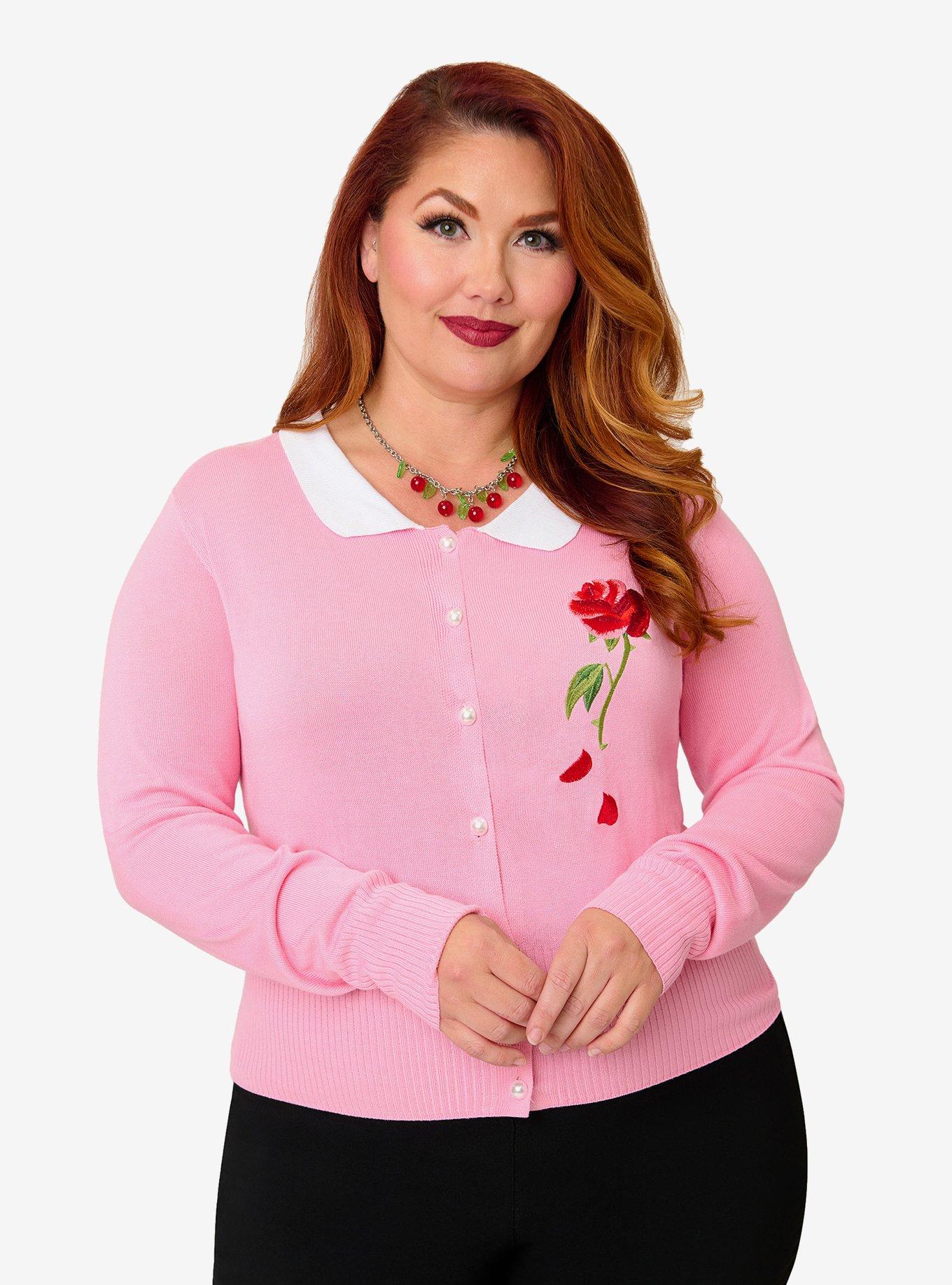 Disney Beauty and the Beast Collection by Unique Vintage Plus Size Pink Rose Cardigan, , hi-res