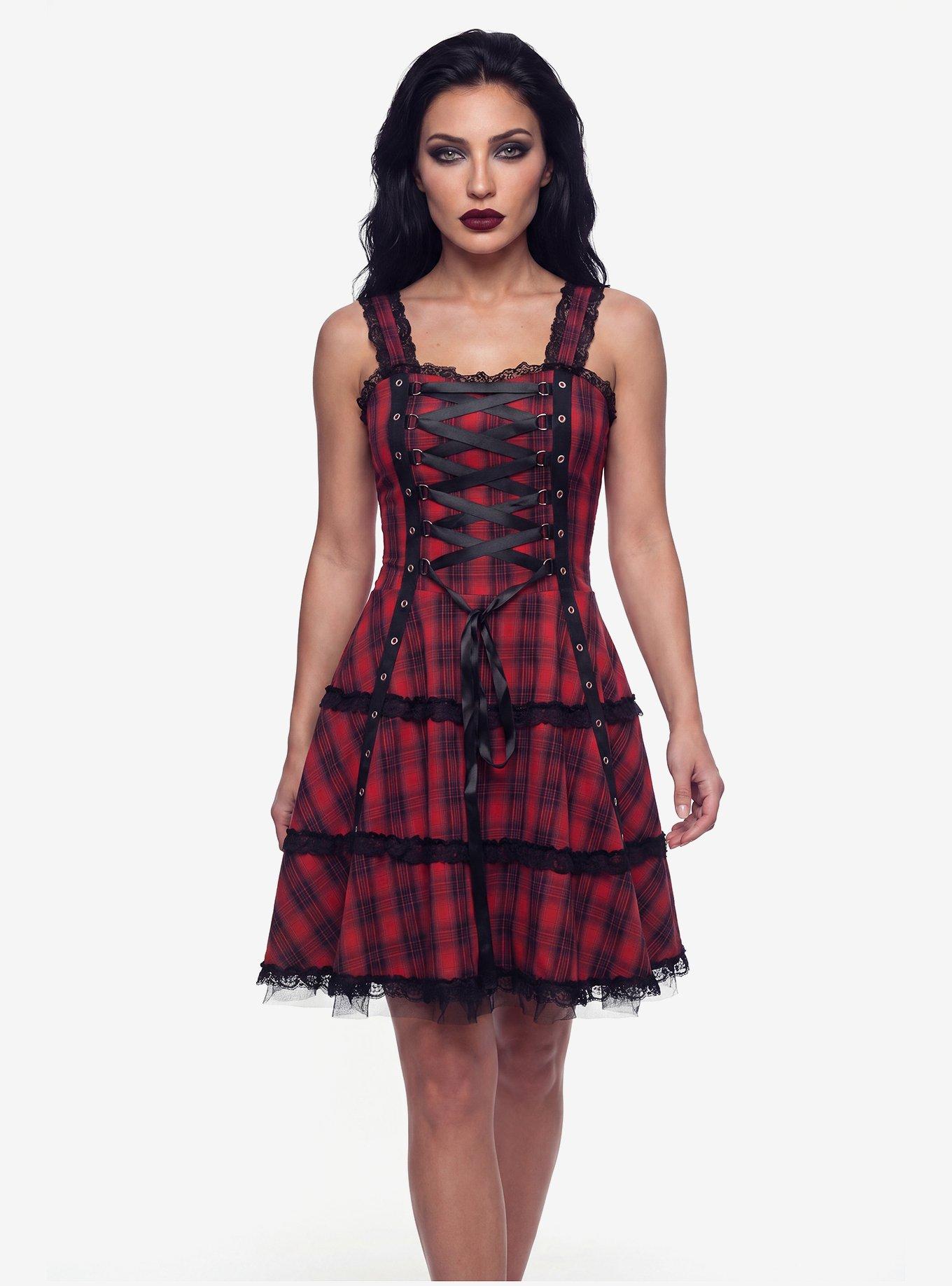 Red Plaid Gothic Dress, , hi-res