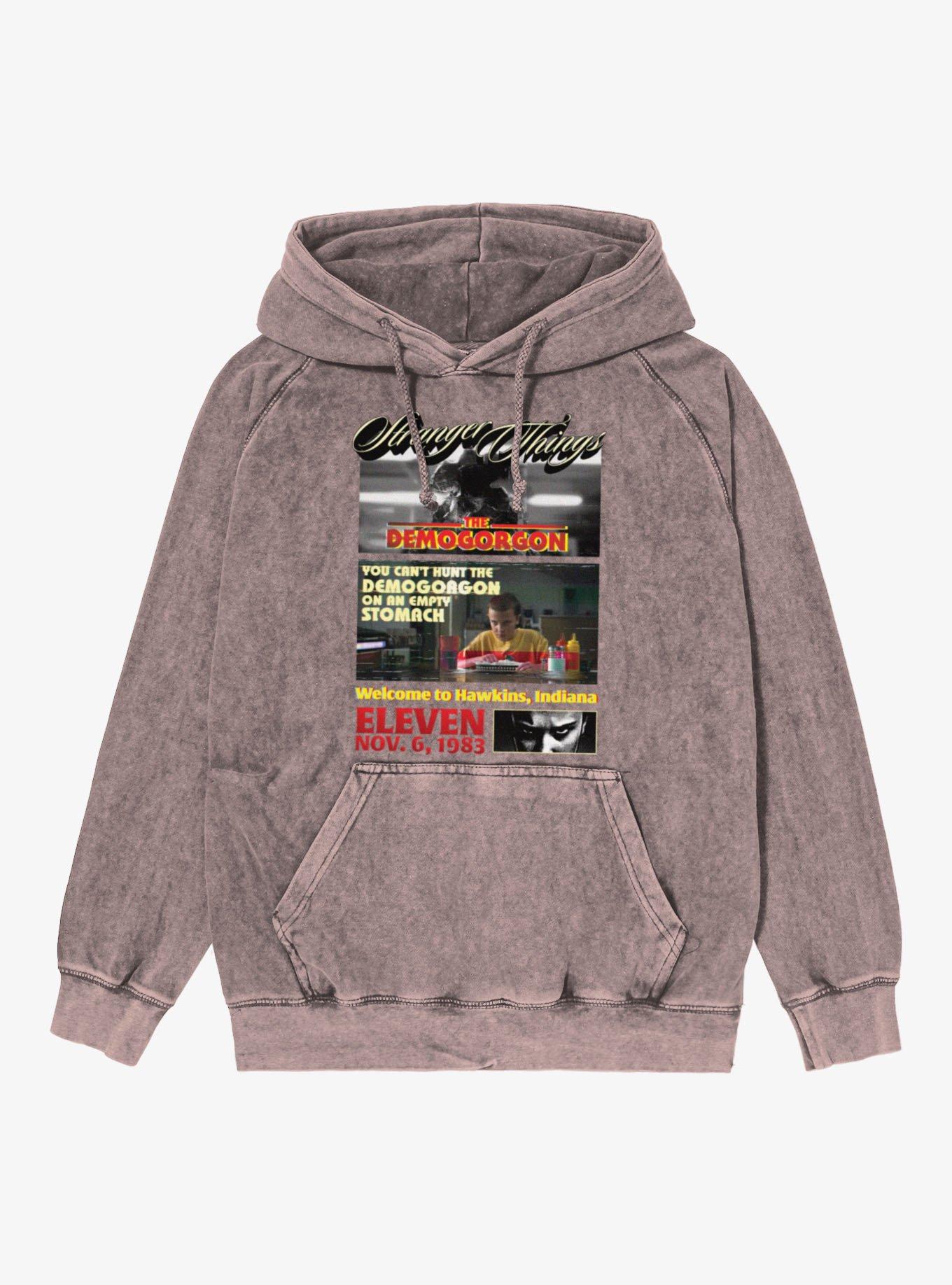 Stranger Things Can't Hunt On Empty Stomach Panels Demogorgon & Eleven Vintage Mineral Washed Hoodie, , hi-res