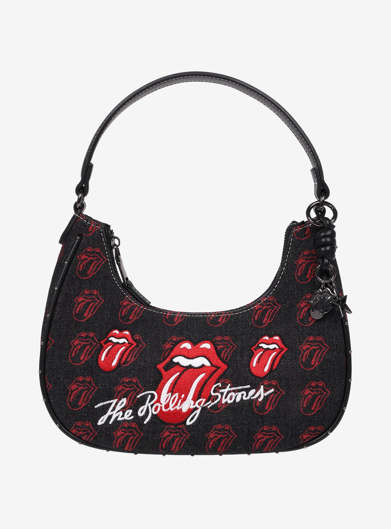 The Rolling Stones All-Over Tongue Logo Black Denim Small Hobo Bag, , hi-res