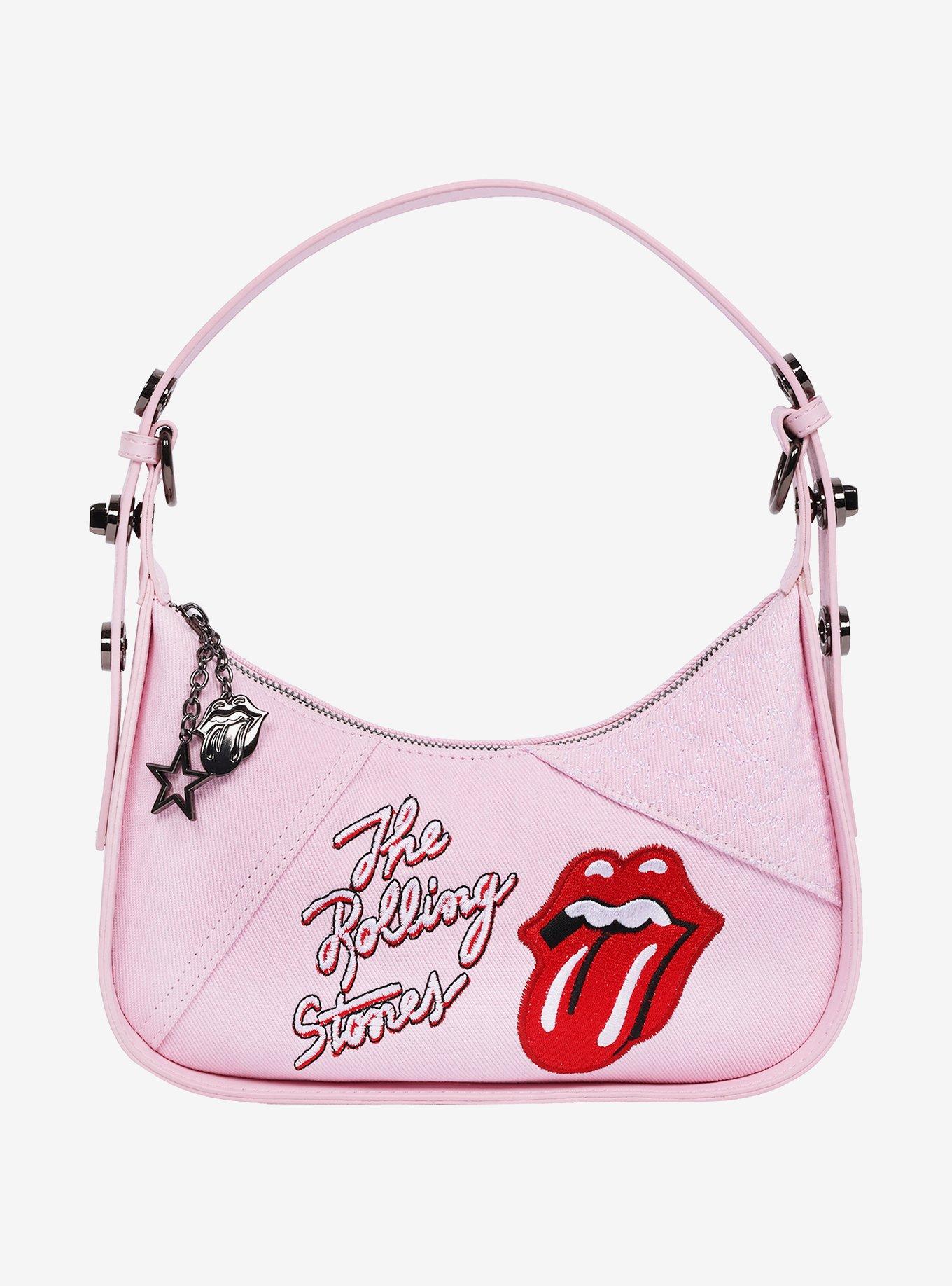 The Rolling Stones Denim Shoulder Bag ? Tongue Logo Mini Hobo Purse (Navy/Denim & Pink), , hi-res