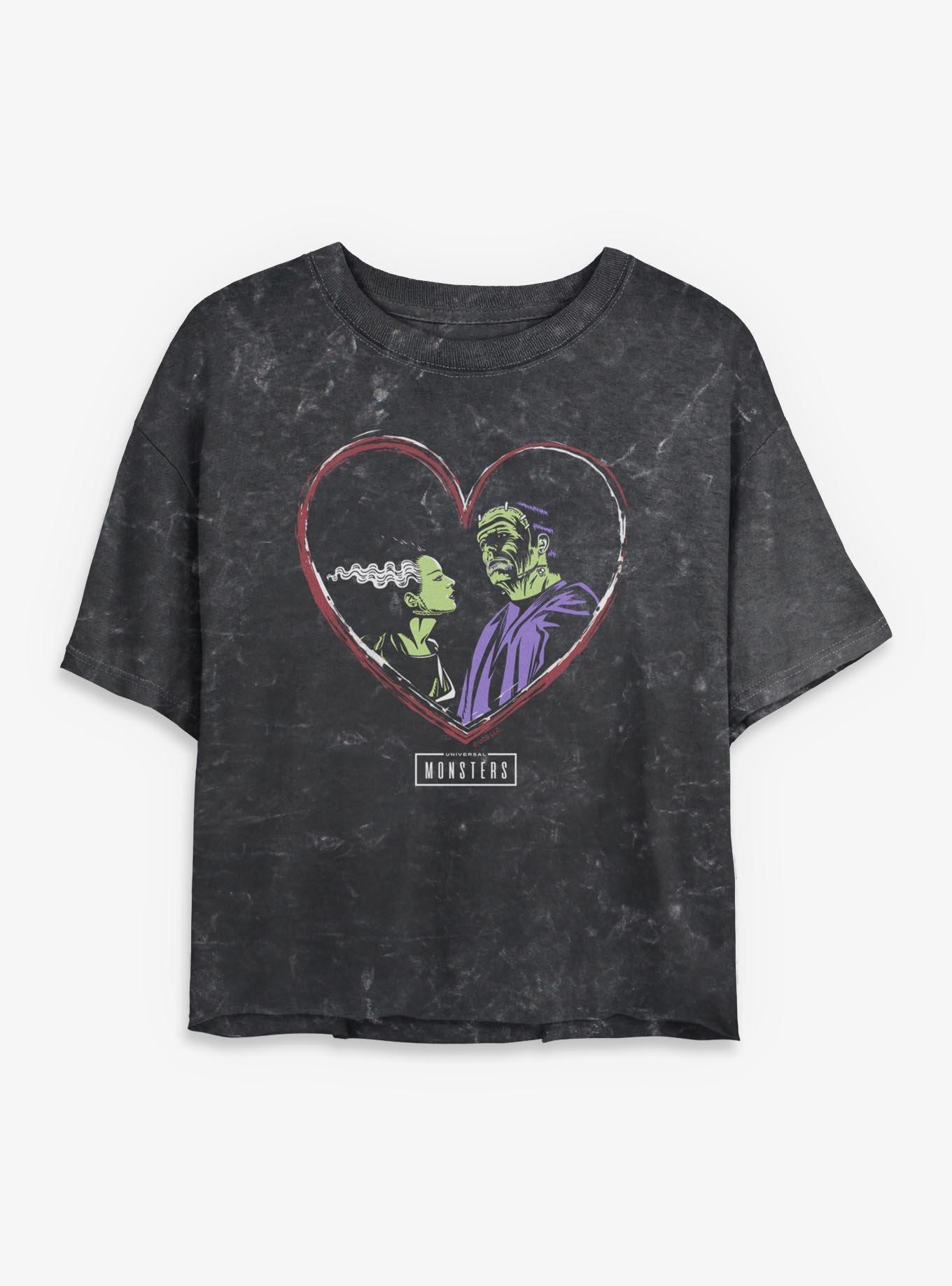 Universal Monsters Love Bride and Frankenstein Girls Mineral Wash Crop T-Shirt, , hi-res
