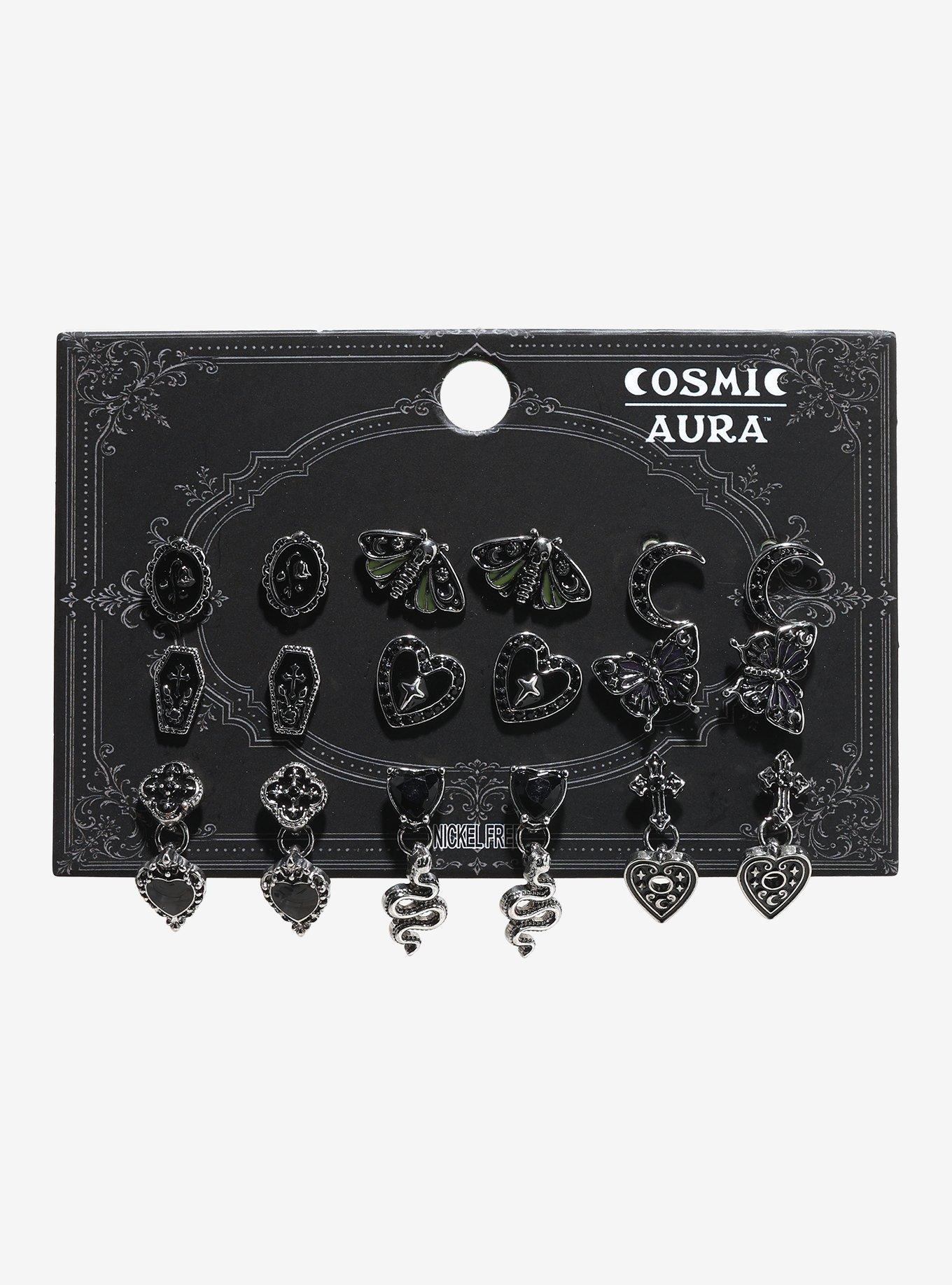 Cosmic Aura Black Heart Moth Stud Earring Set