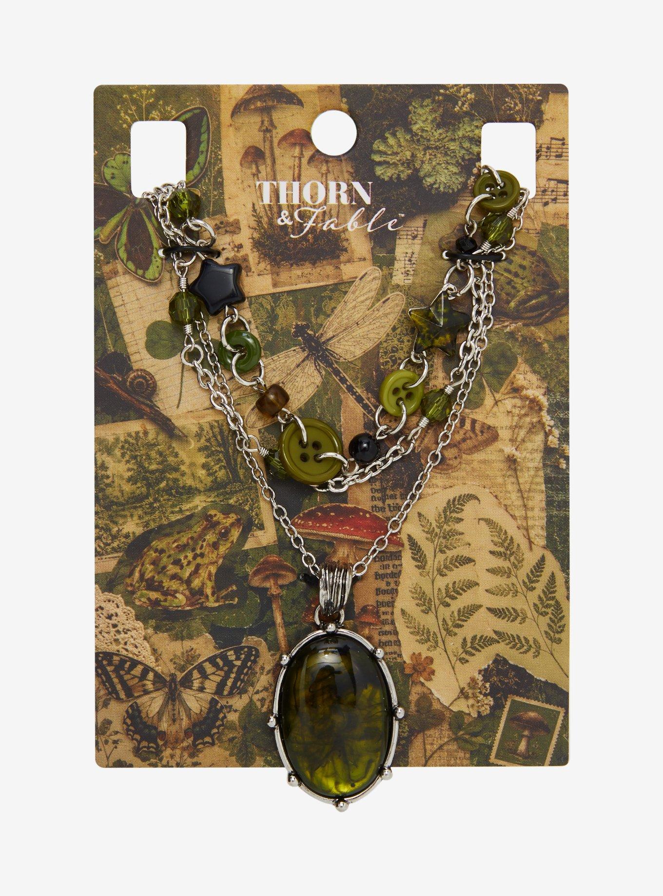 Thorn & Fable Green Button Stone Necklace Set