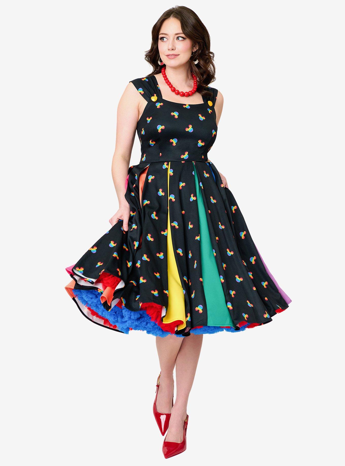 Disney Pride Collection by Unique Vintage Black & Rainbow Mickey Stripe Swing Dress, , hi-res