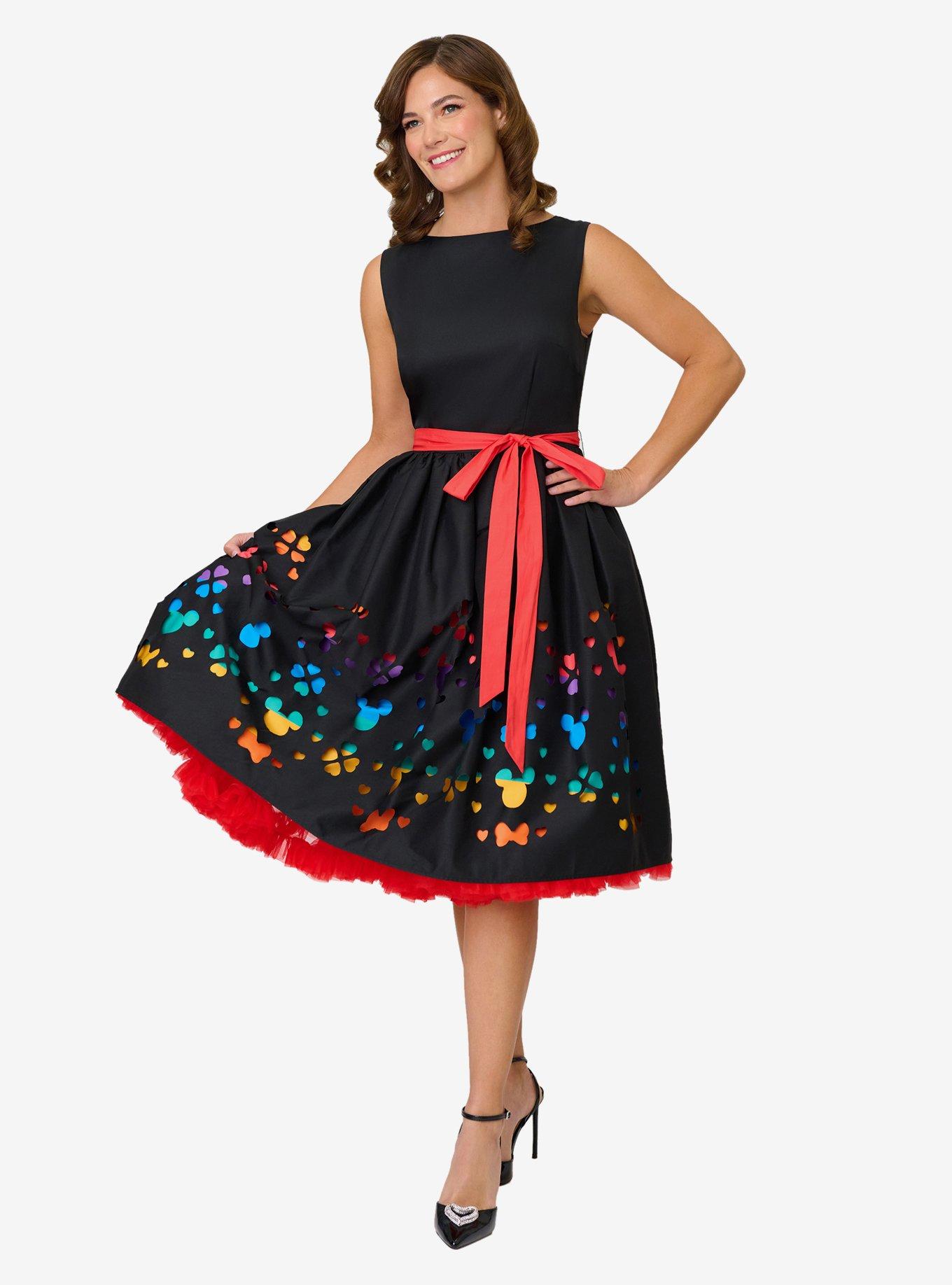 Disney Pride Collection by Unique Vintage Black & Rainbow Stripe Mickey Cutout Swing Dress, , hi-res