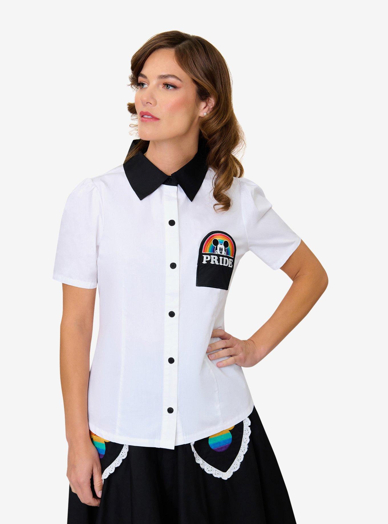 Disney Pride Collection by Unique Vintage White Mickey Rainbow Pocket Collared Blouse, , hi-res