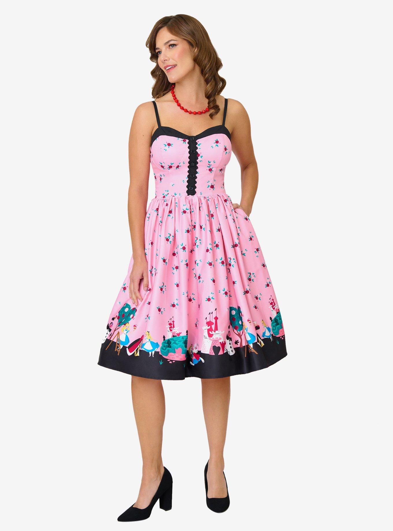 Disney Alice In Wonderland Collection By Unique Vintage Pink Queen of Hearts Sweetheart Swing Dress, , hi-res