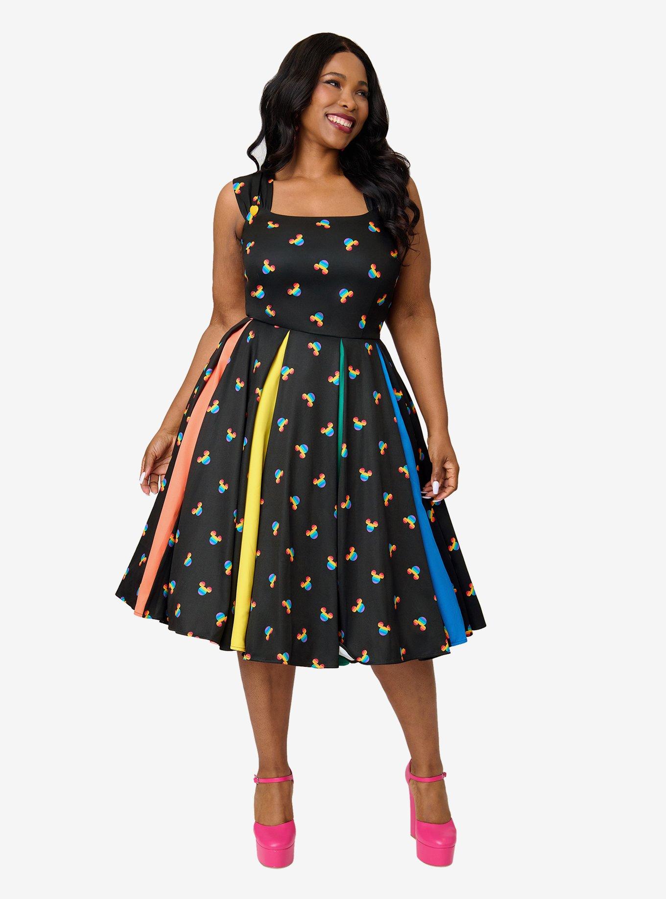 Disney Pride Collection by Unique Vintage Plus Size Black & Rainbow Mickey Stripe Swing Dress, , hi-res