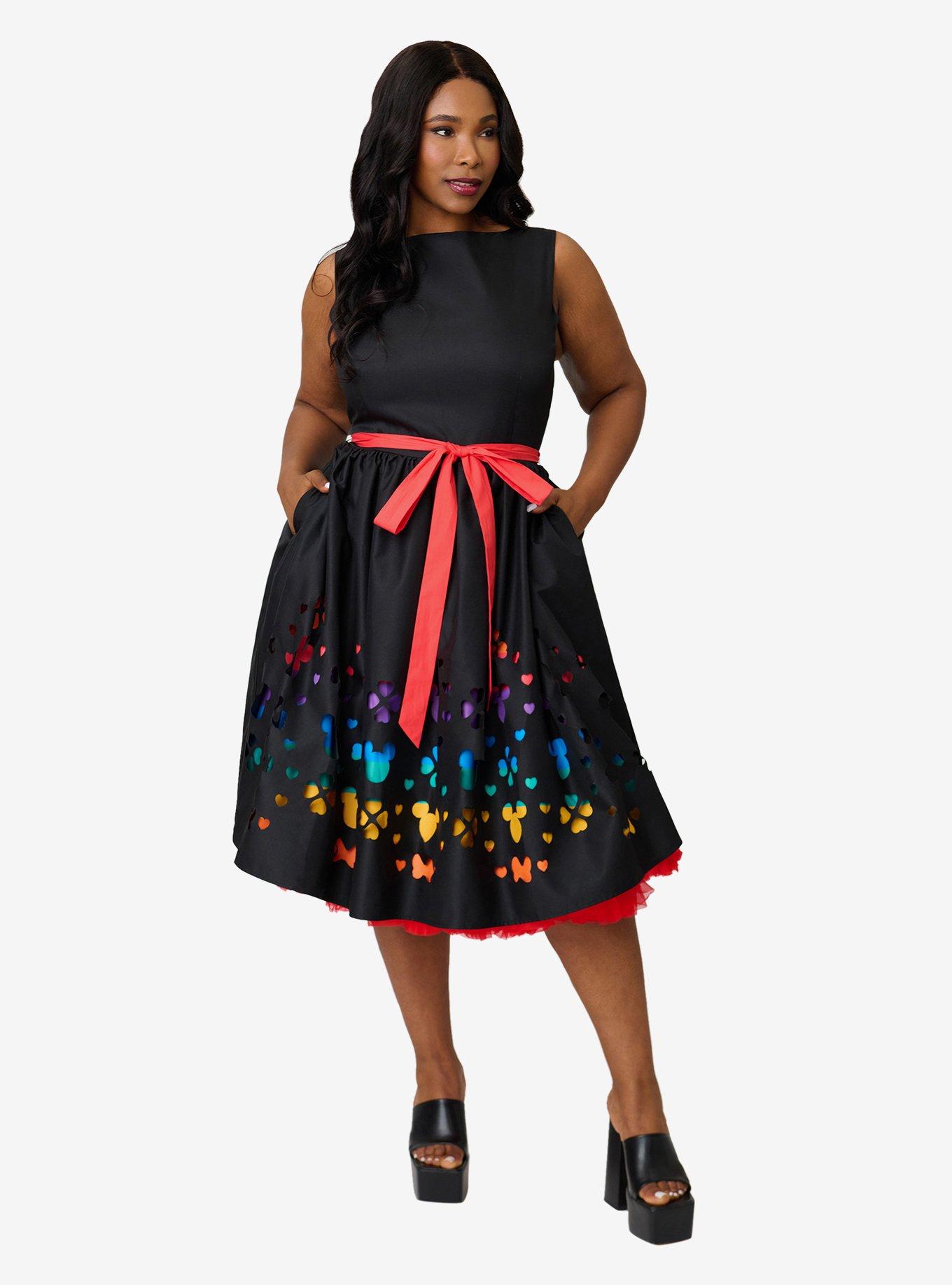 Disney Pride Collection by Unique Vintage Plus Size Black & Rainbow Stripe Mickey Cutout Swing Dress, , hi-res