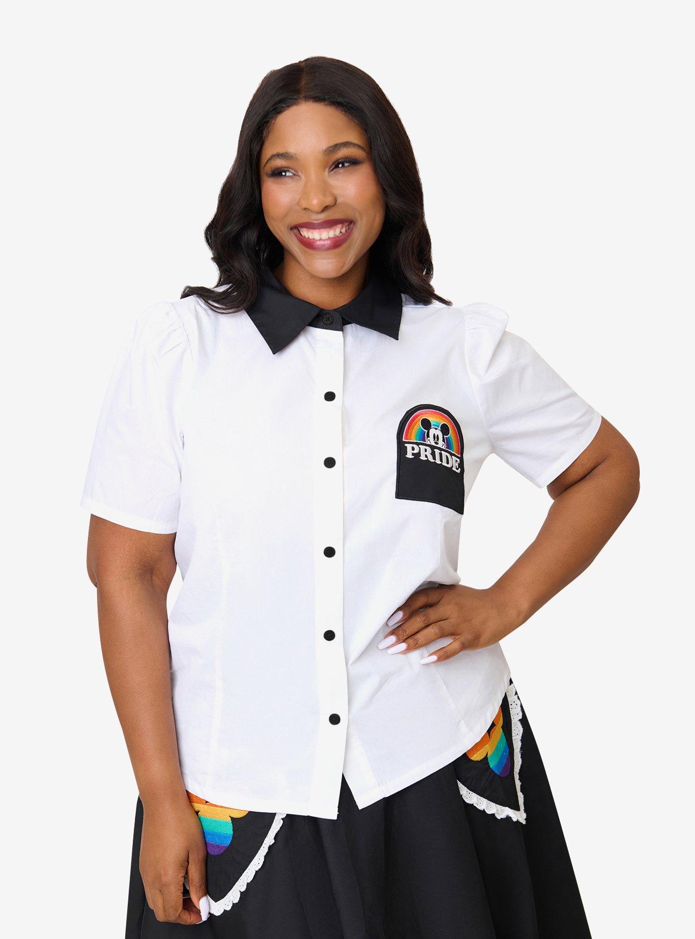 Disney Pride Collection by Unique Vintage Plus Size White Mickey Rainbow Pocket Collared Blouse, , hi-res