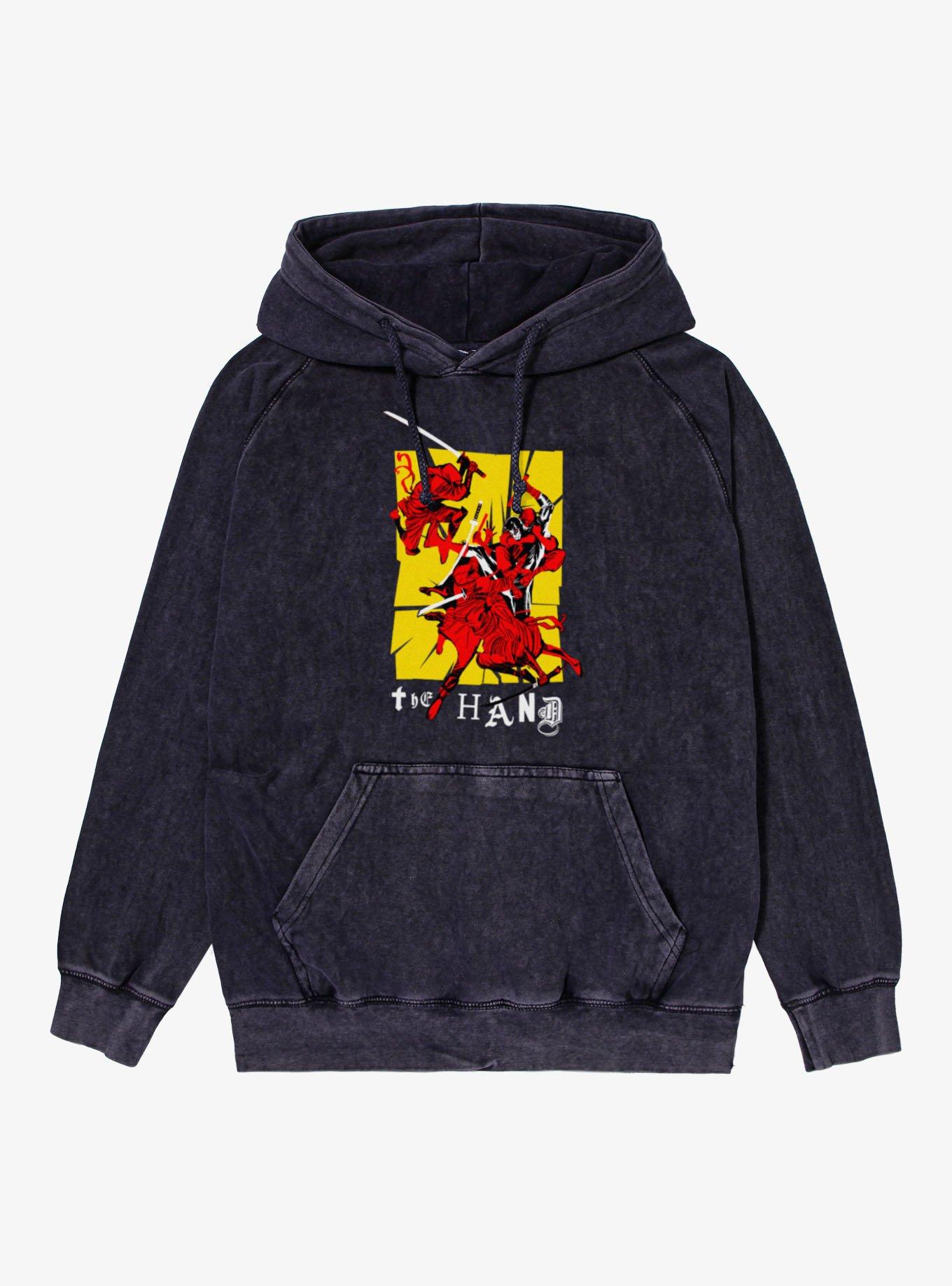 Marvel Comics Retro Hand On The Daredevil Ransom Letters Mineral Wash Hoodie, VINTAGE BLACK, hi-res view 1